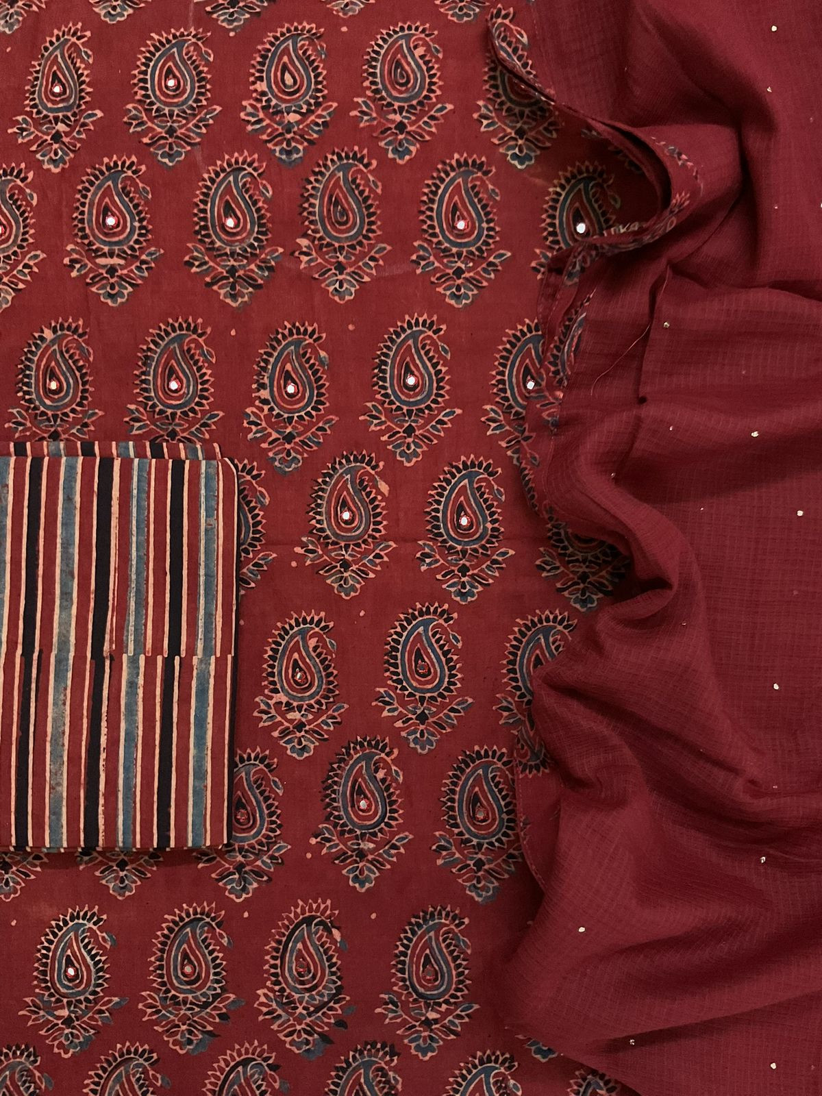 Pure Cotton Printed Embroidered Suit - Maroon