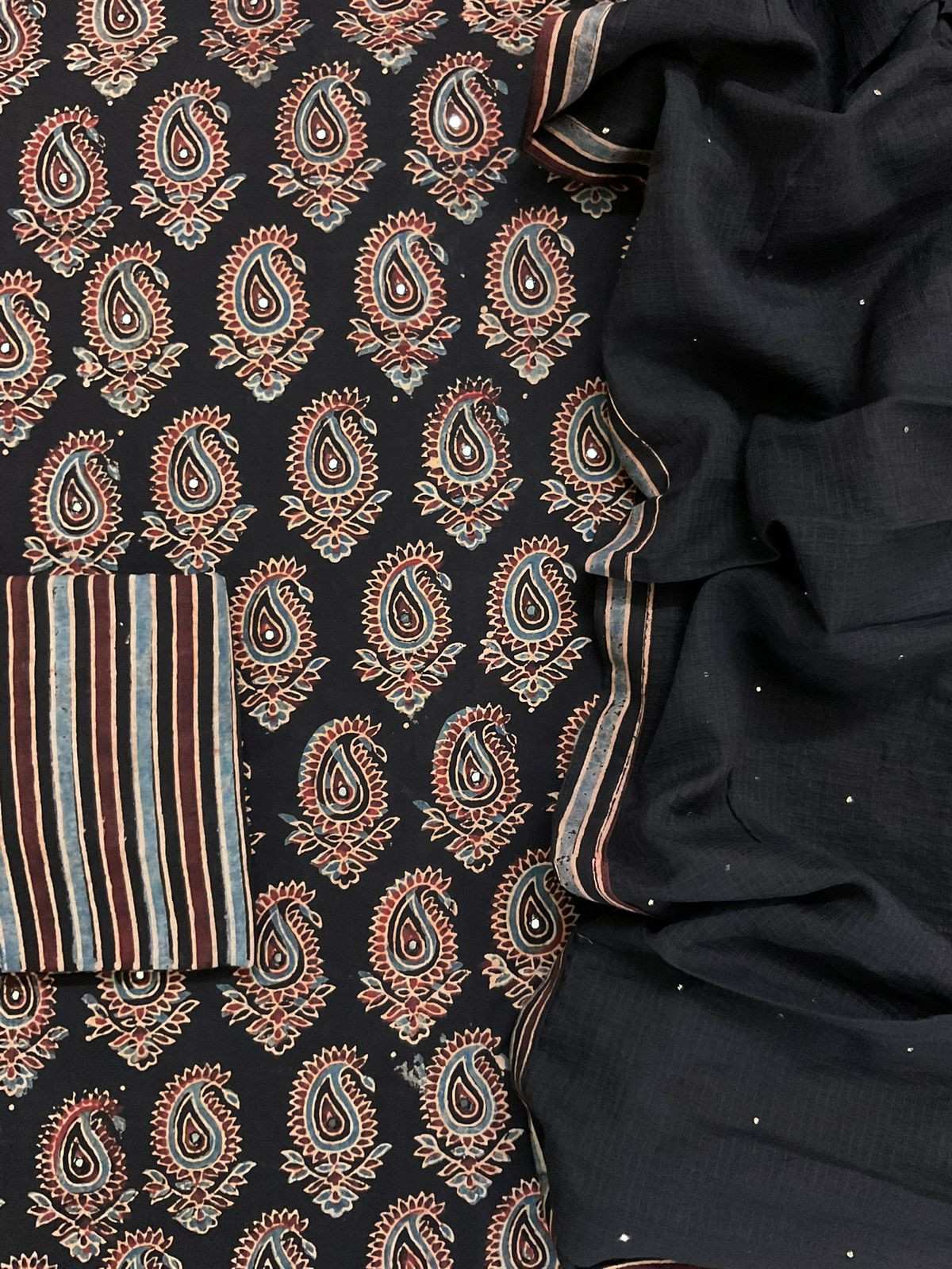 Pure Cotton Printed Embroidered Suit - Black