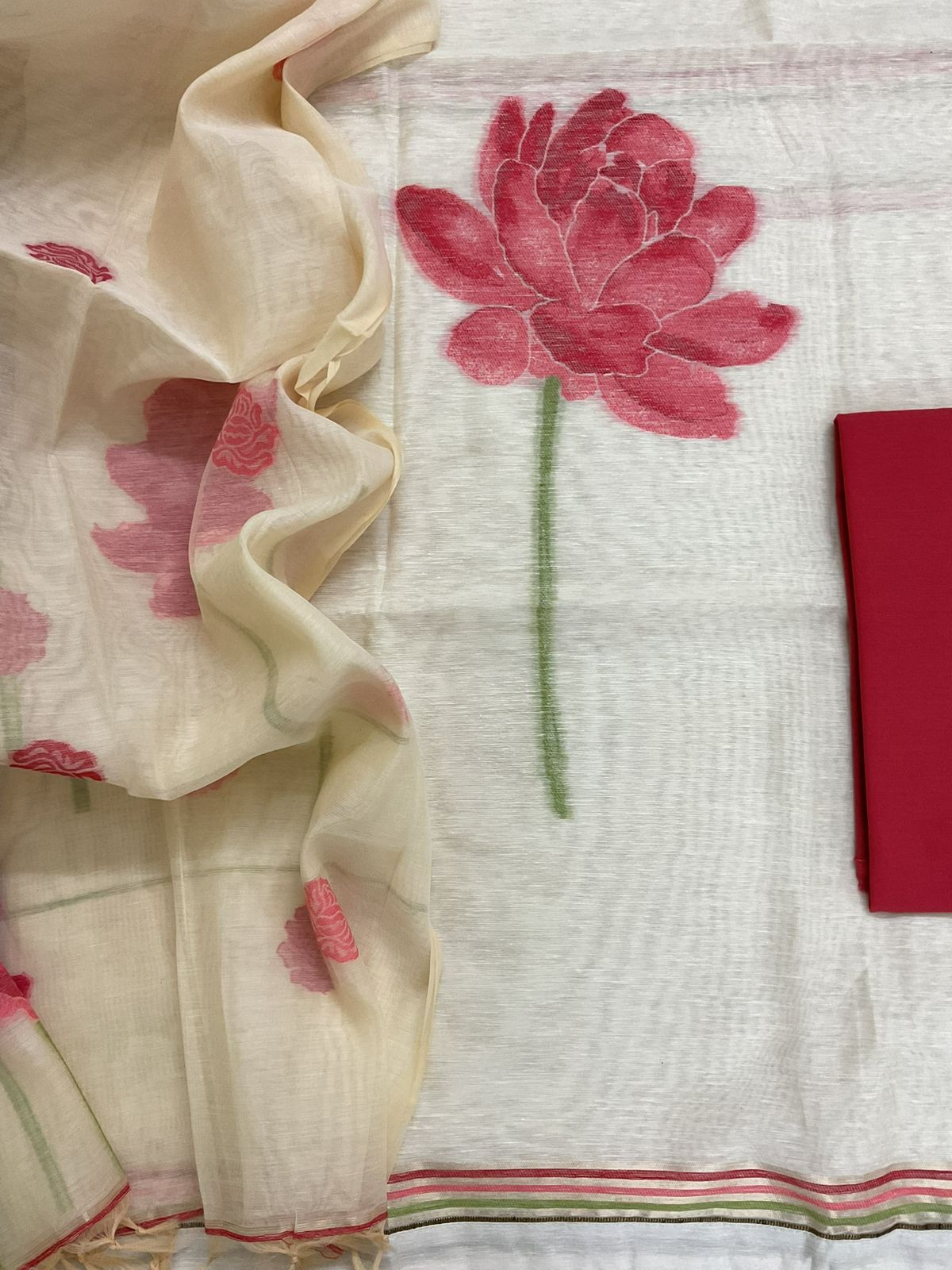 Soft Slub Chanderi Jamdani Weaved Suit - Cream