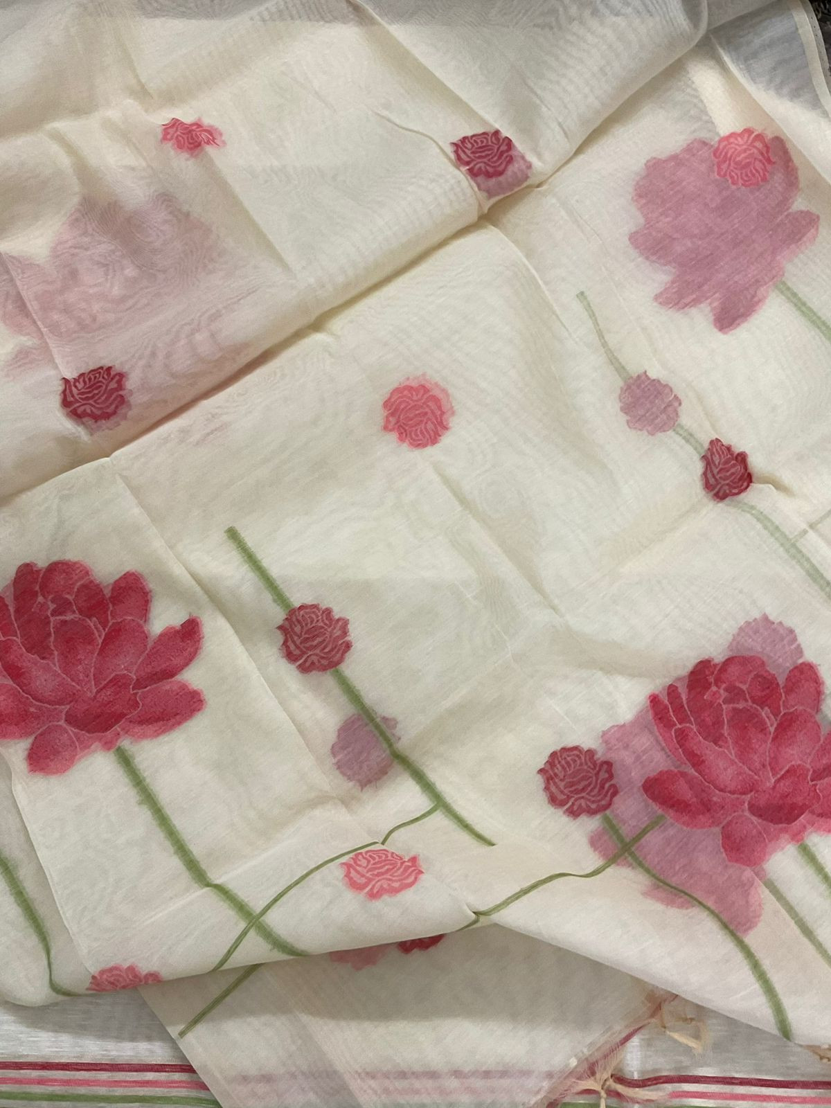 Soft Slub Chanderi Jamdani Weaved Suit - Cream