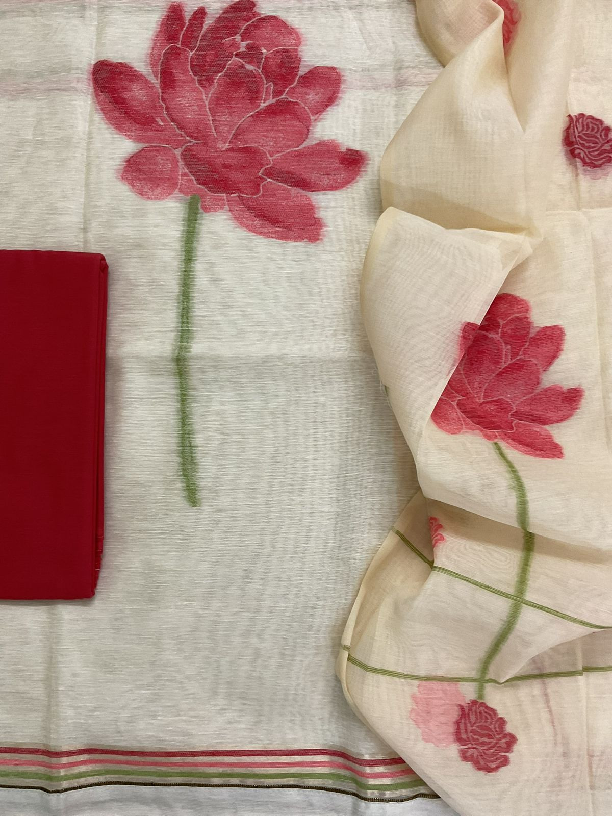 Soft Slub Chanderi Jamdani Weaved Suit - Cream