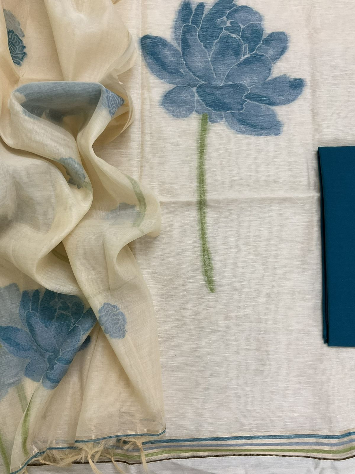 Soft Slub Chanderi Jamdani Weaved Suit - Cream