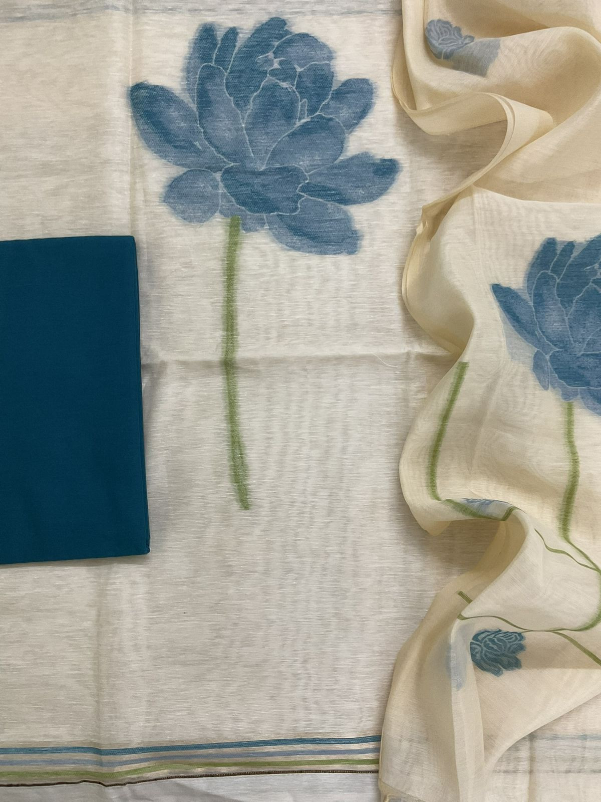 Soft Slub Chanderi Jamdani Weaved Suit - Cream