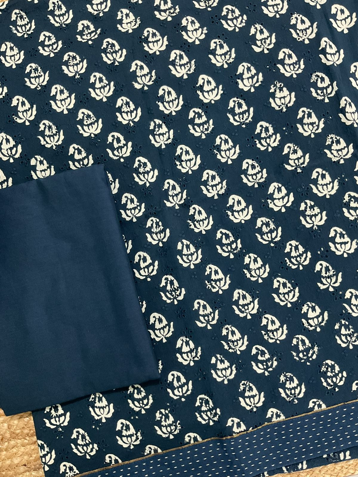 Pure Hakoba Cotton Printed Embroidered Suit - Indigo