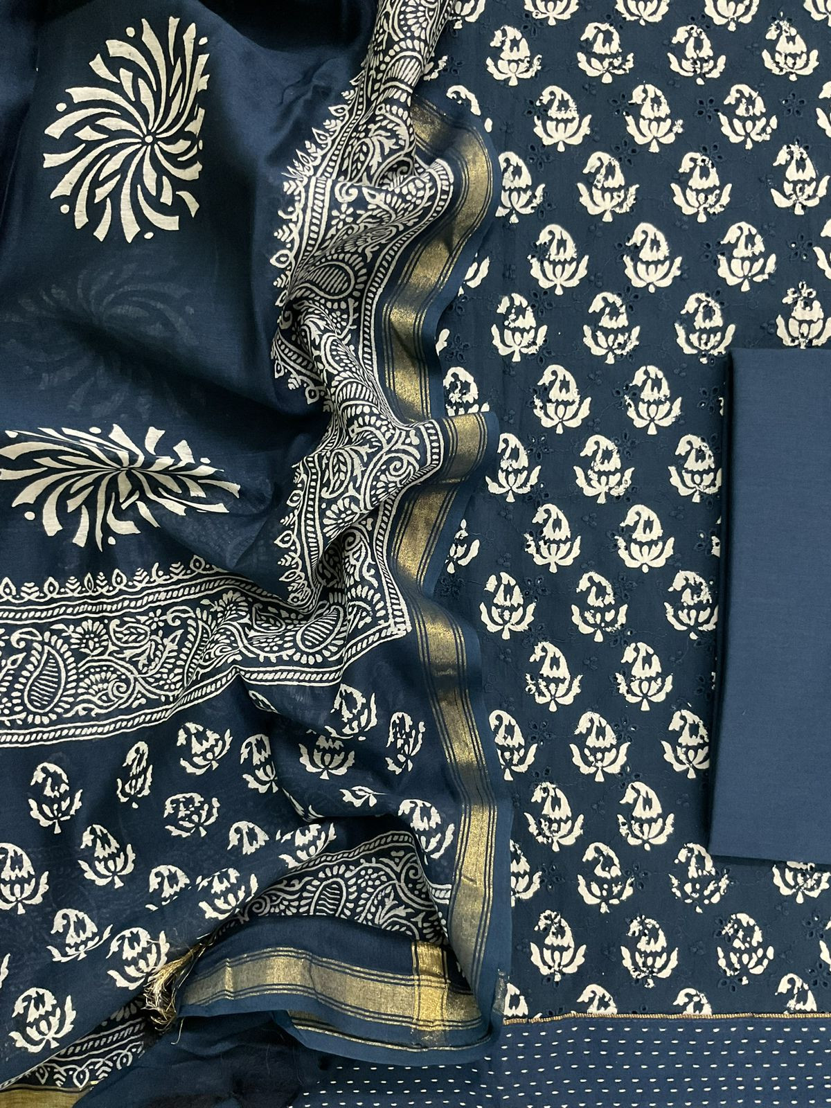 Pure Hakoba Cotton Printed Embroidered Suit - Indigo