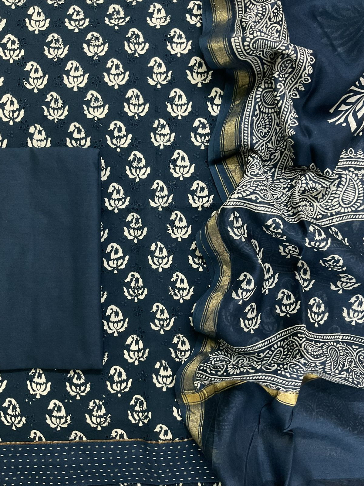 Pure Hakoba Cotton Printed Embroidered Suit - Indigo