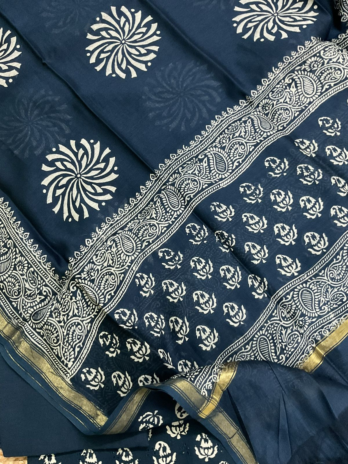 Pure Hakoba Cotton Printed Embroidered Suit - Indigo