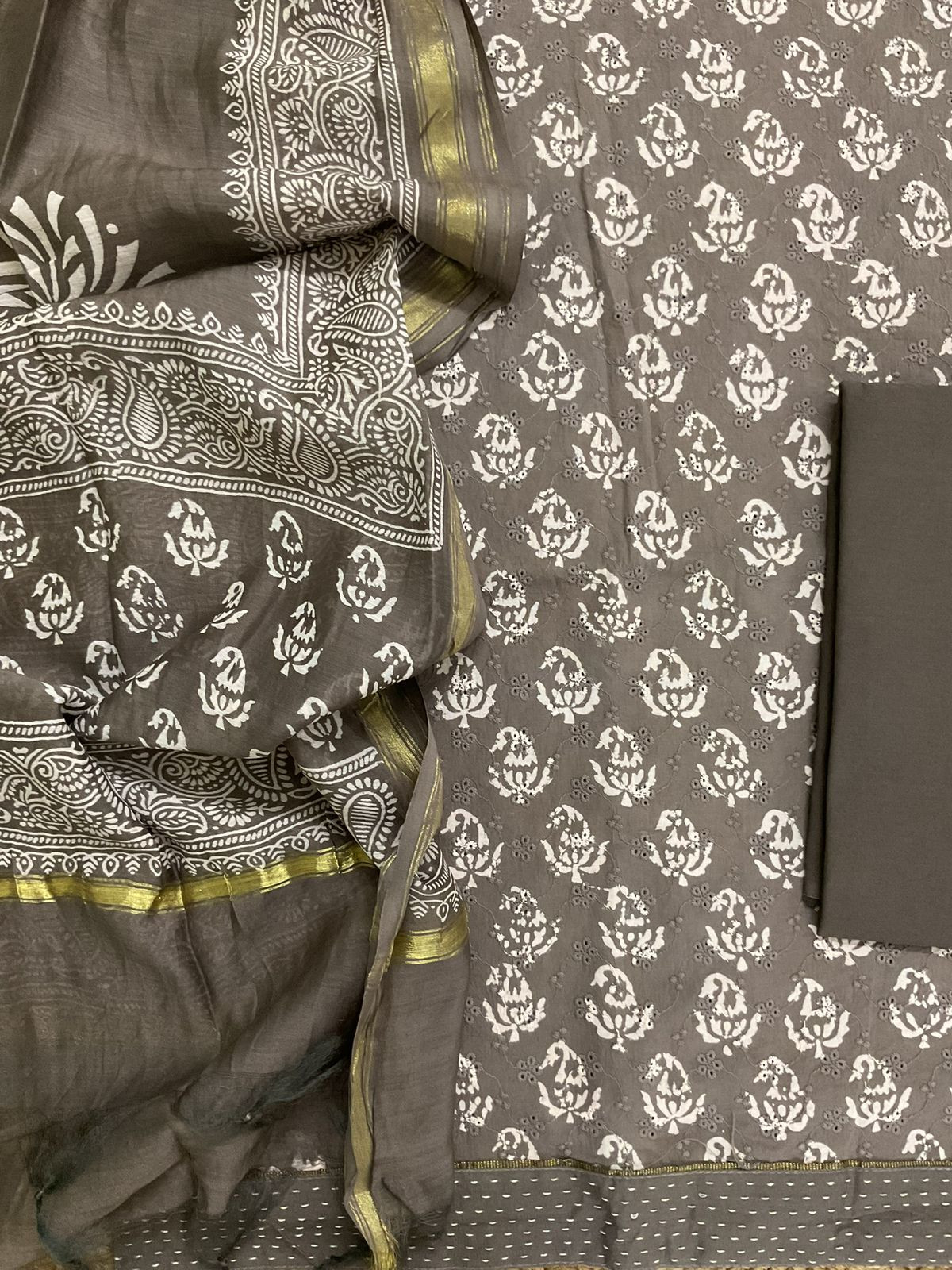 Pure Hakoba Cotton Printed Embroidered Suit - Brown