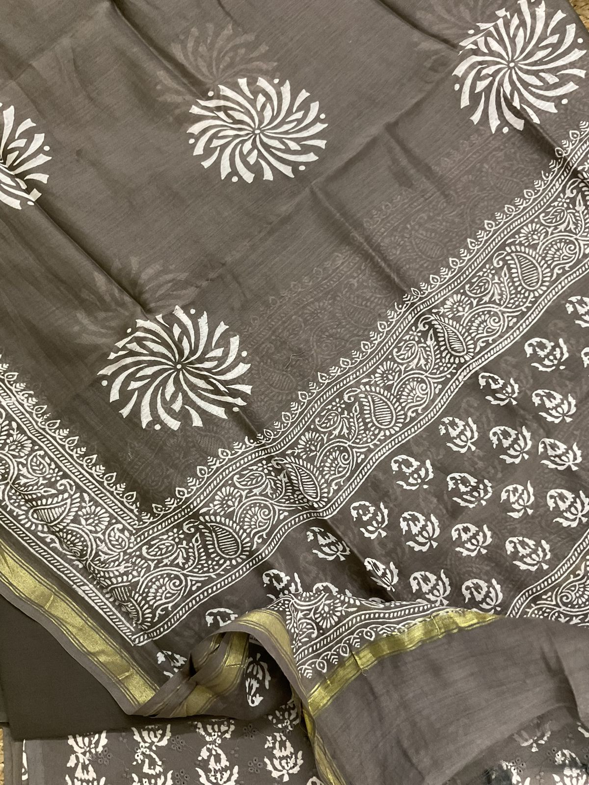 Pure Hakoba Cotton Printed Embroidered Suit - Brown