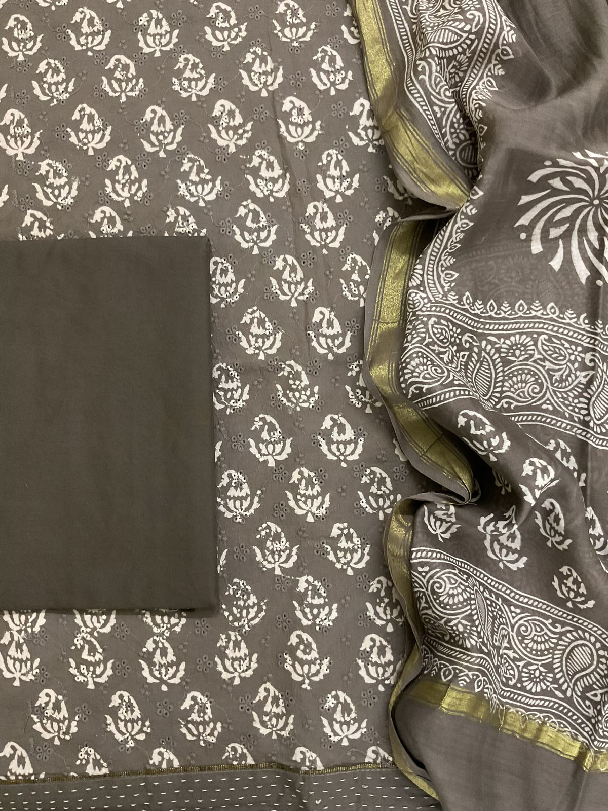 Pure Hakoba Cotton Printed Embroidered Suit - Brown