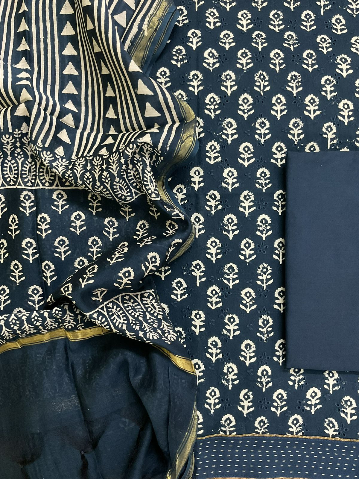 Pure Hakoba Cotton Printed Embroidered Suit - Indigo