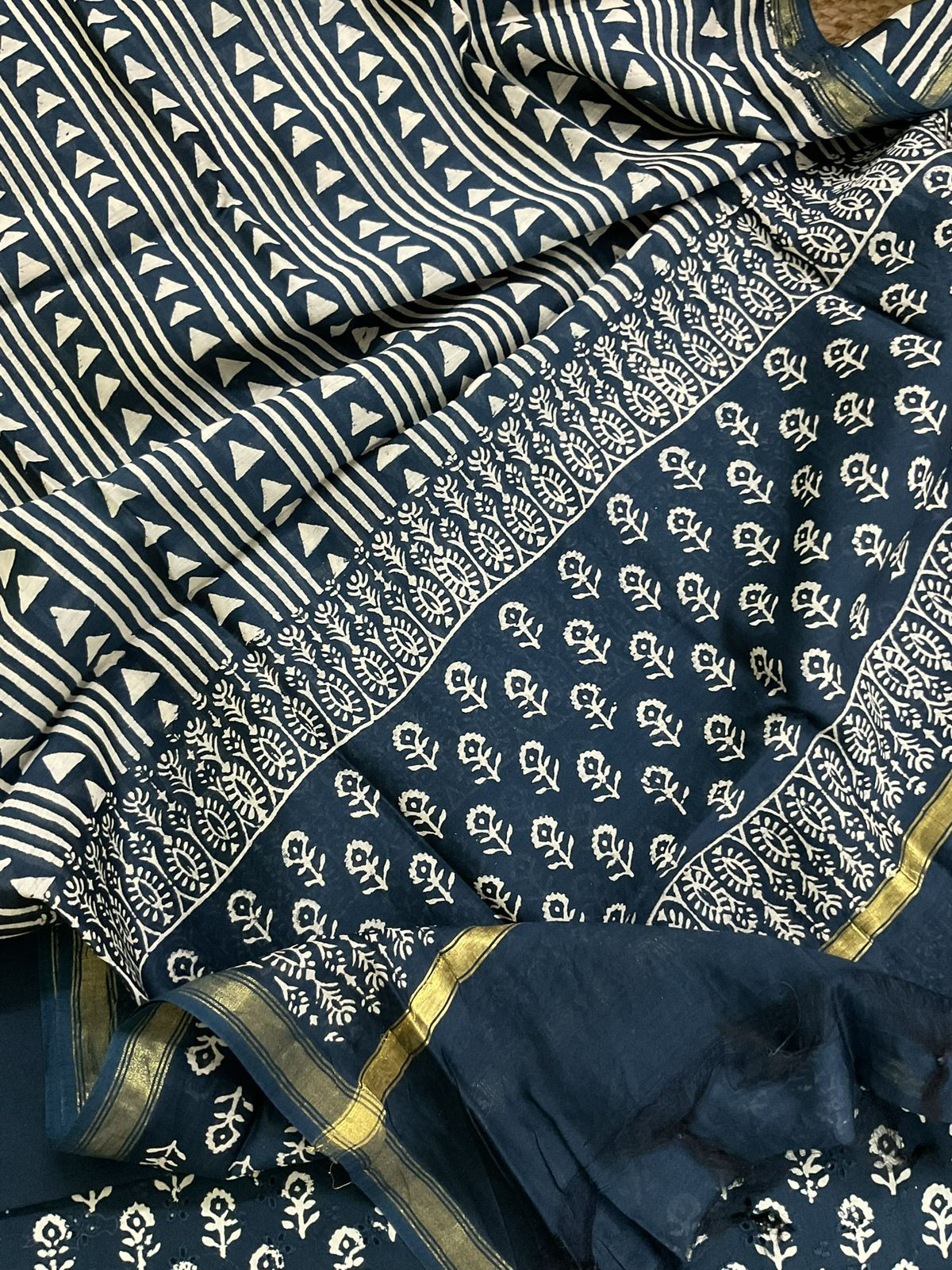 Pure Hakoba Cotton Printed Embroidered Suit - Indigo