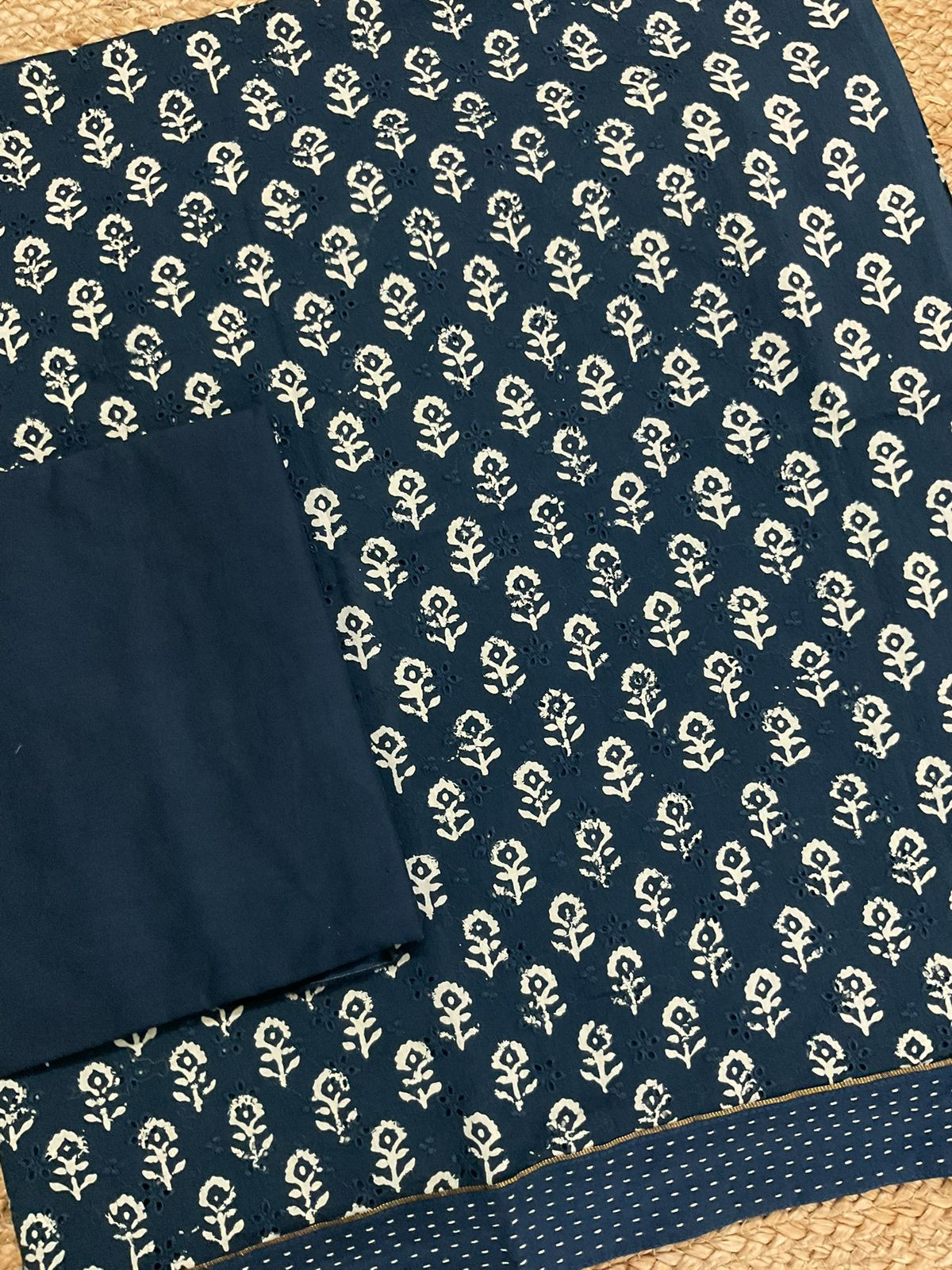 Pure Hakoba Cotton Printed Embroidered Suit - Indigo