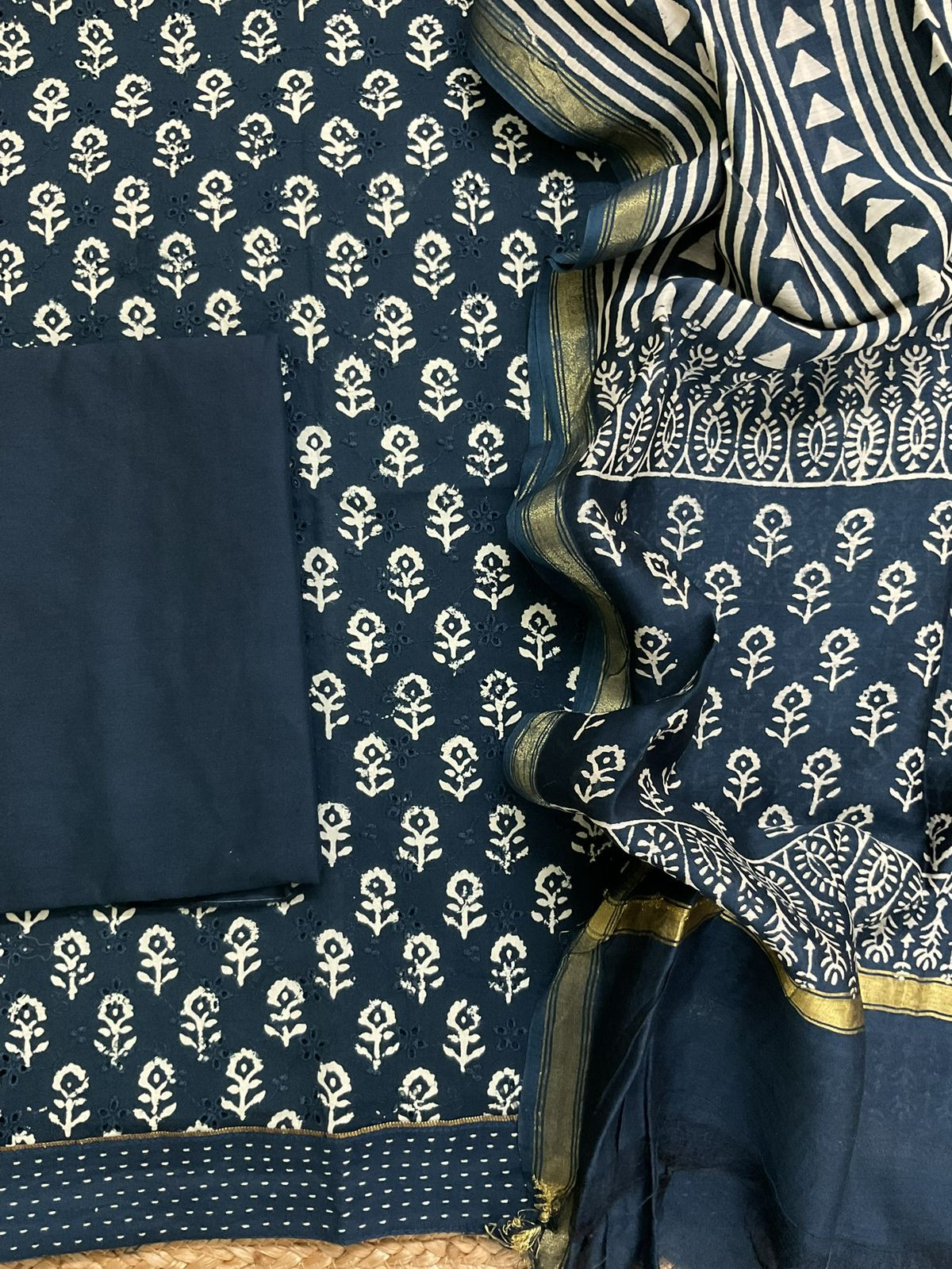 Pure Hakoba Cotton Printed Embroidered Suit - Indigo