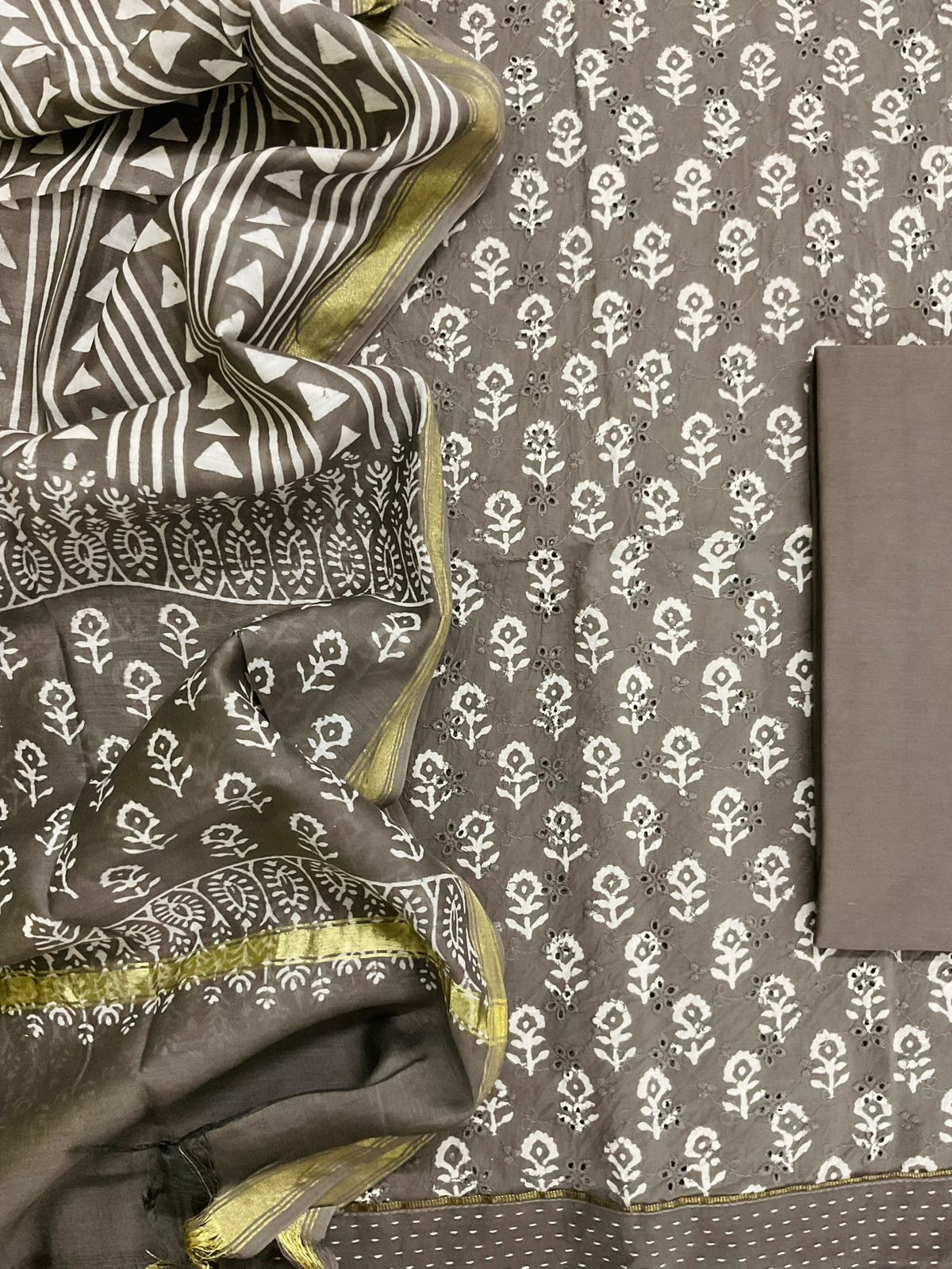 Pure Hakoba Cotton Printed Embroidered Suit - Brown