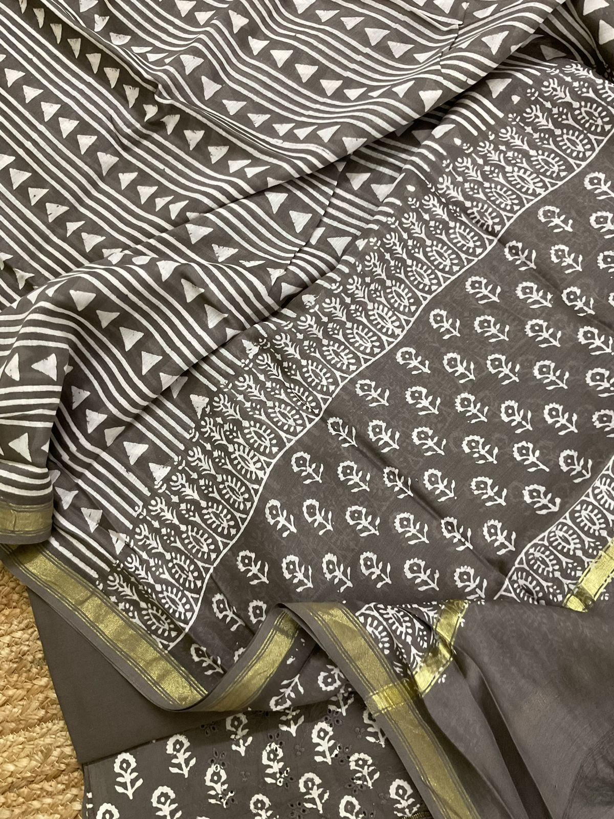 Pure Hakoba Cotton Printed Embroidered Suit - Brown