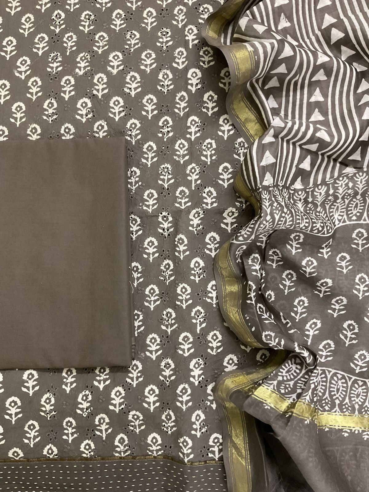 Pure Hakoba Cotton Printed Embroidered Suit - Brown