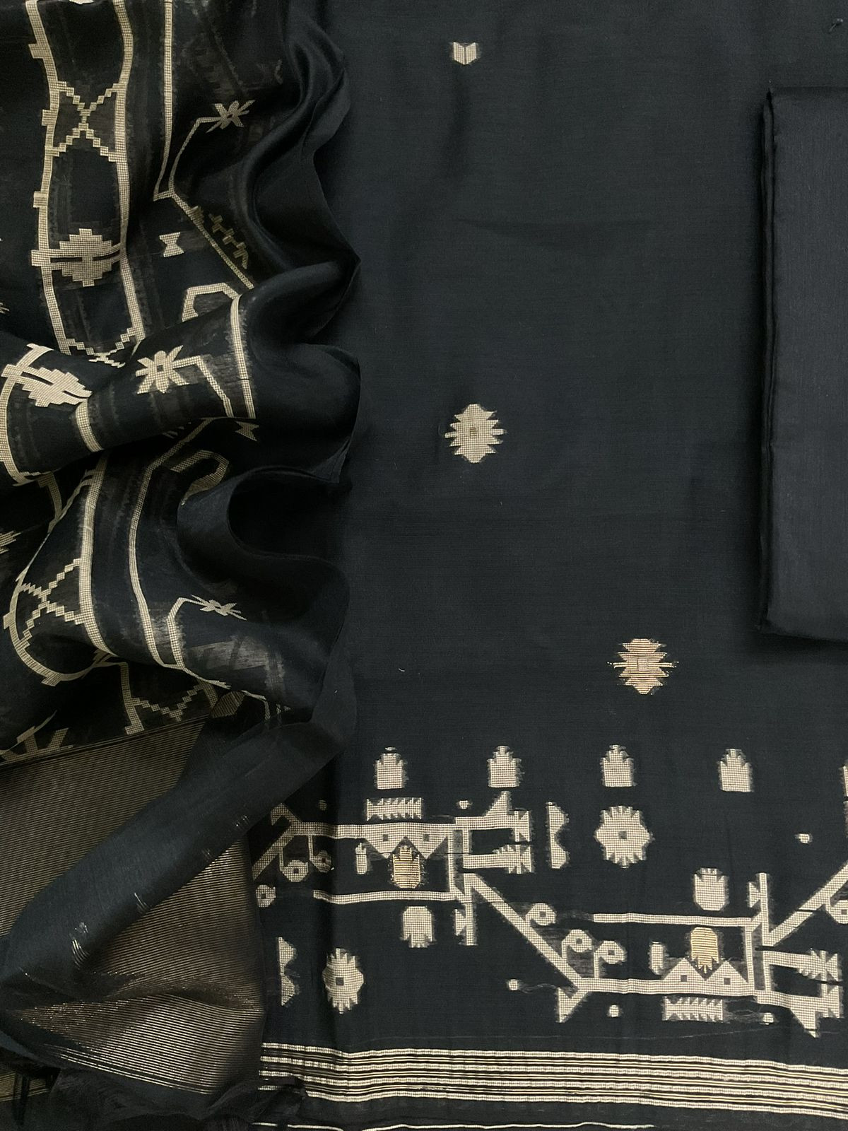 Soft Slub Chanderi Jamdani Weaved Suit - Black