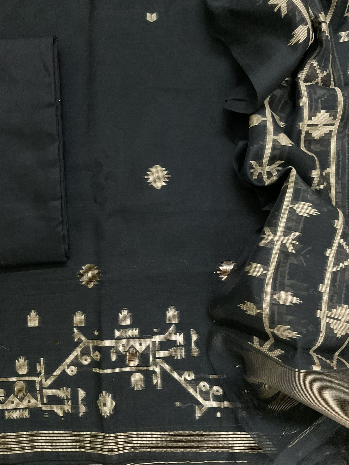 Soft Slub Chanderi Jamdani Weaved Suit - Black