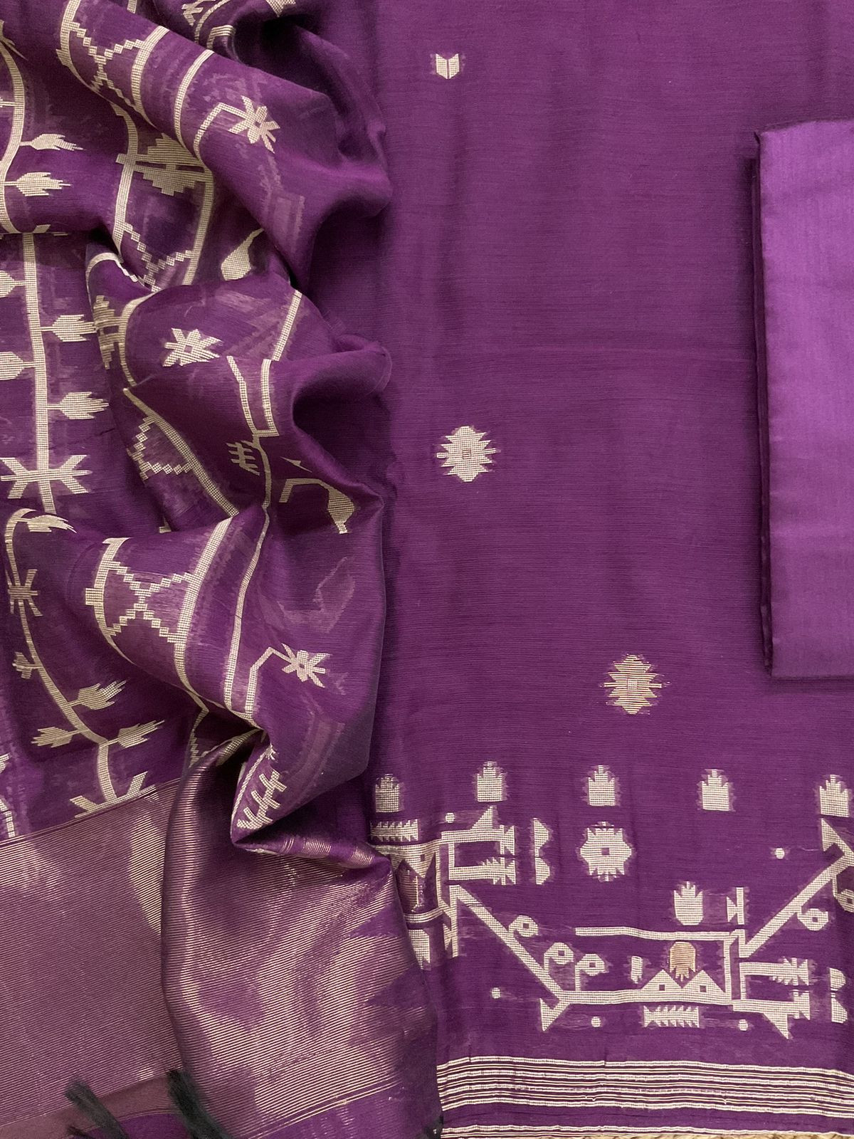 Soft Slub Chanderi Jamdani Weaved Suit - Purple