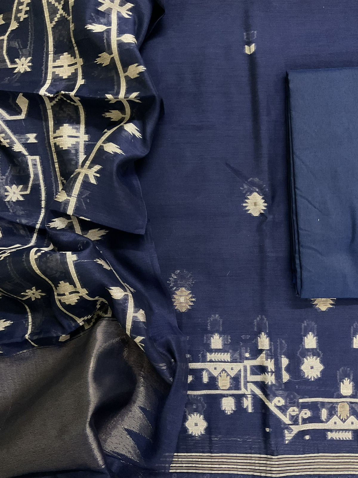 Soft Slub Chanderi Jamdani Weaved Suit - Blue