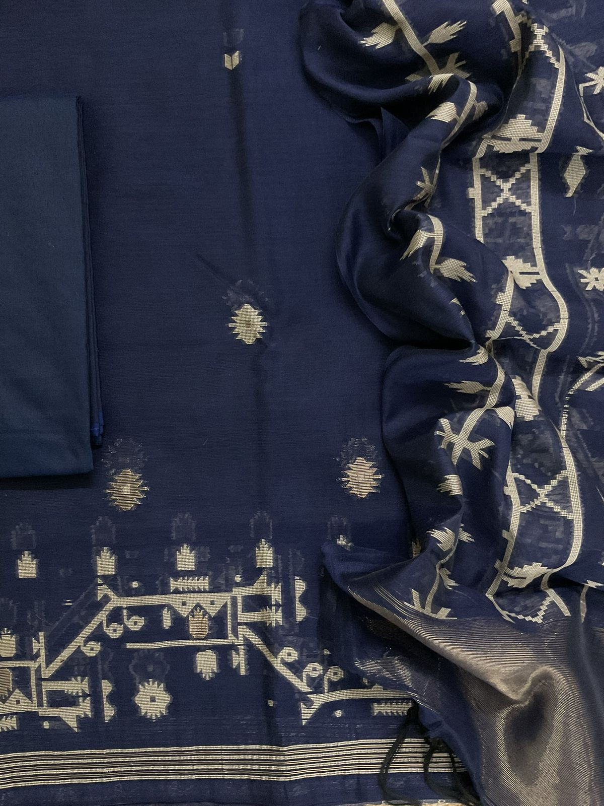 Soft Slub Chanderi Jamdani Weaved Suit - Blue