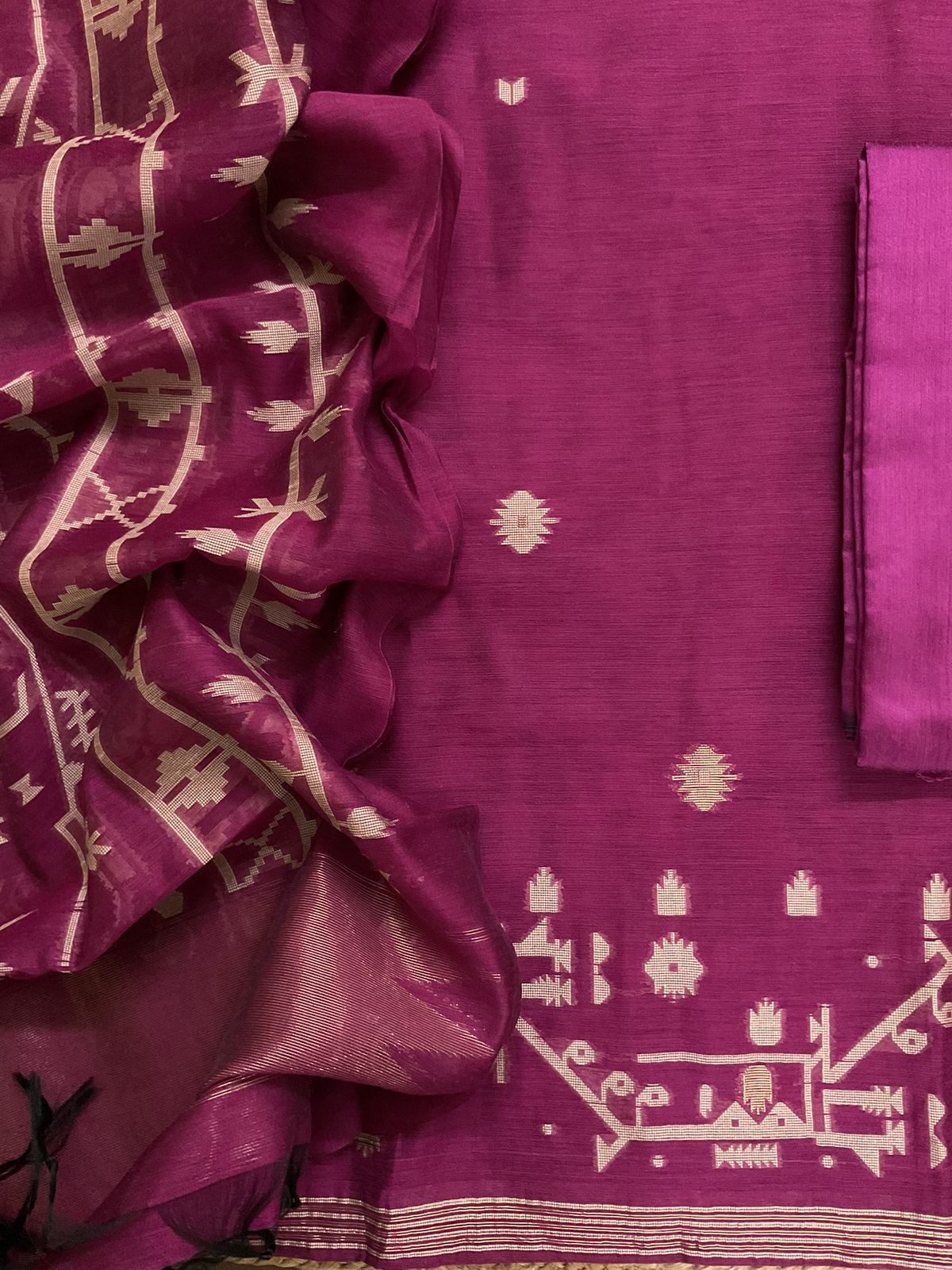 Soft Slub Chanderi Jamdani Weaved Suit - Pink