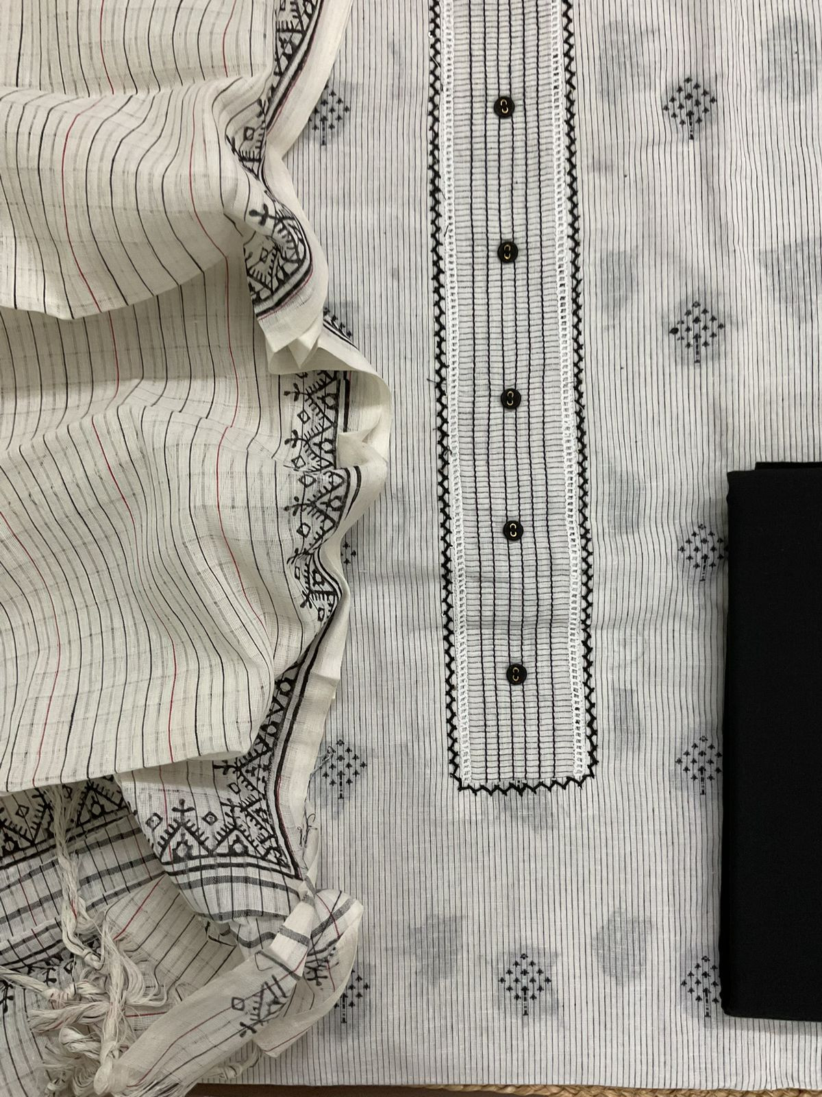 Pure Handloon Cotton Printed Self Weaved Embroidered Suit - Off White