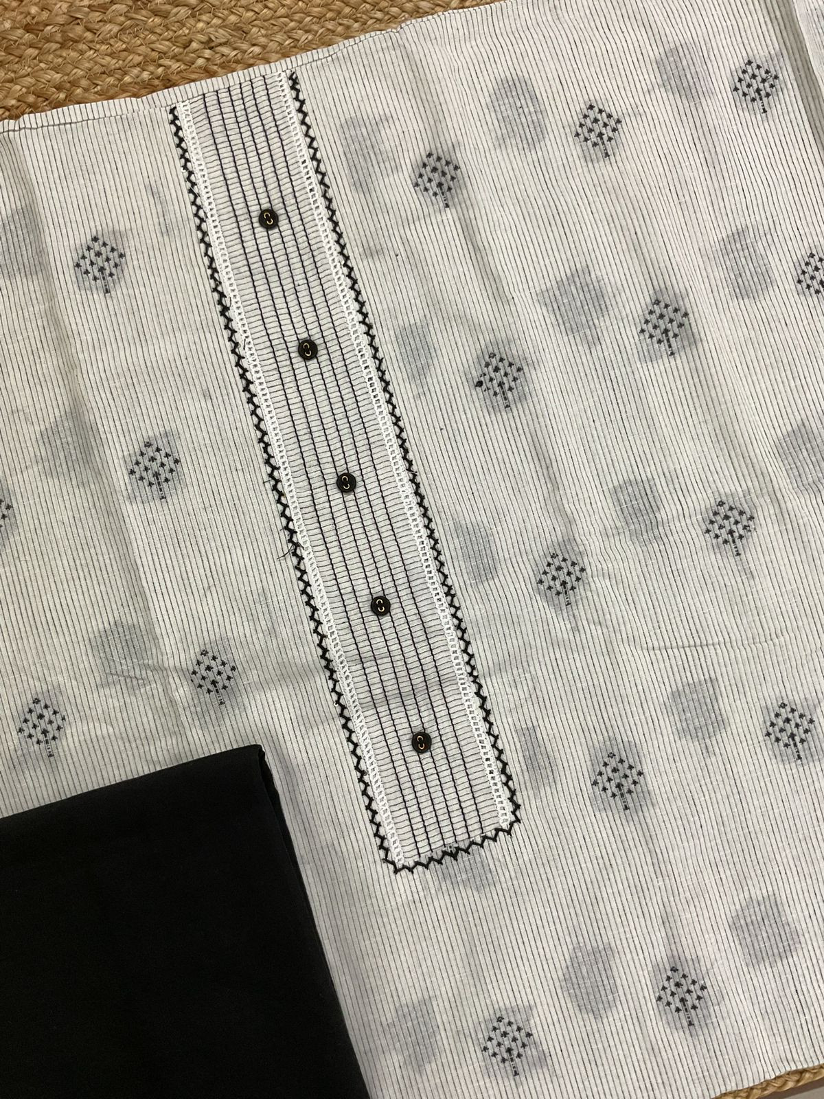 Pure Handloon Cotton Printed Self Weaved Embroidered Suit - Off White