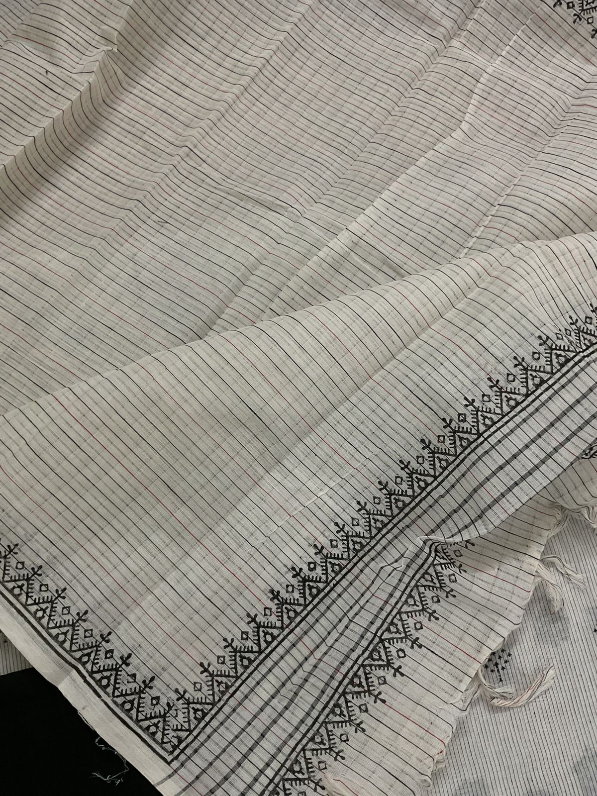 Pure Handloon Cotton Printed Self Weaved Embroidered Suit - Off White