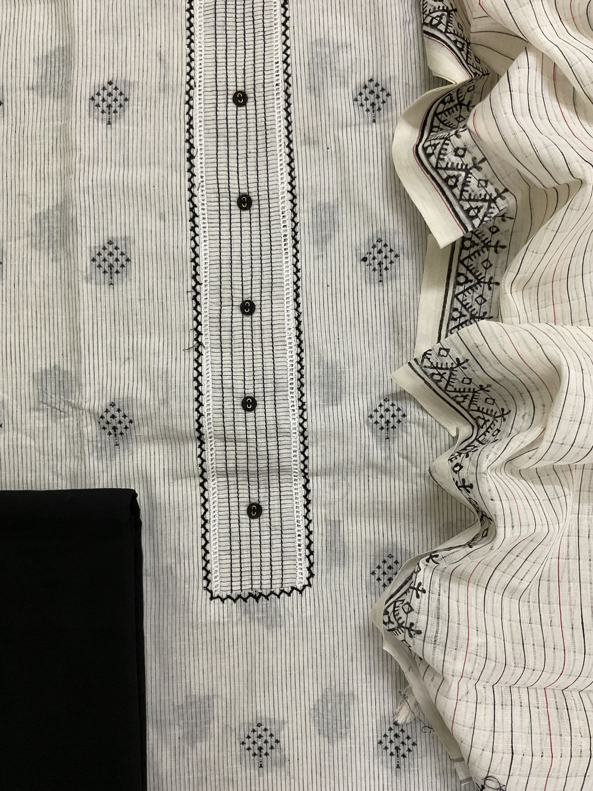 Pure Handloon Cotton Printed Self Weaved Embroidered Suit - Off White