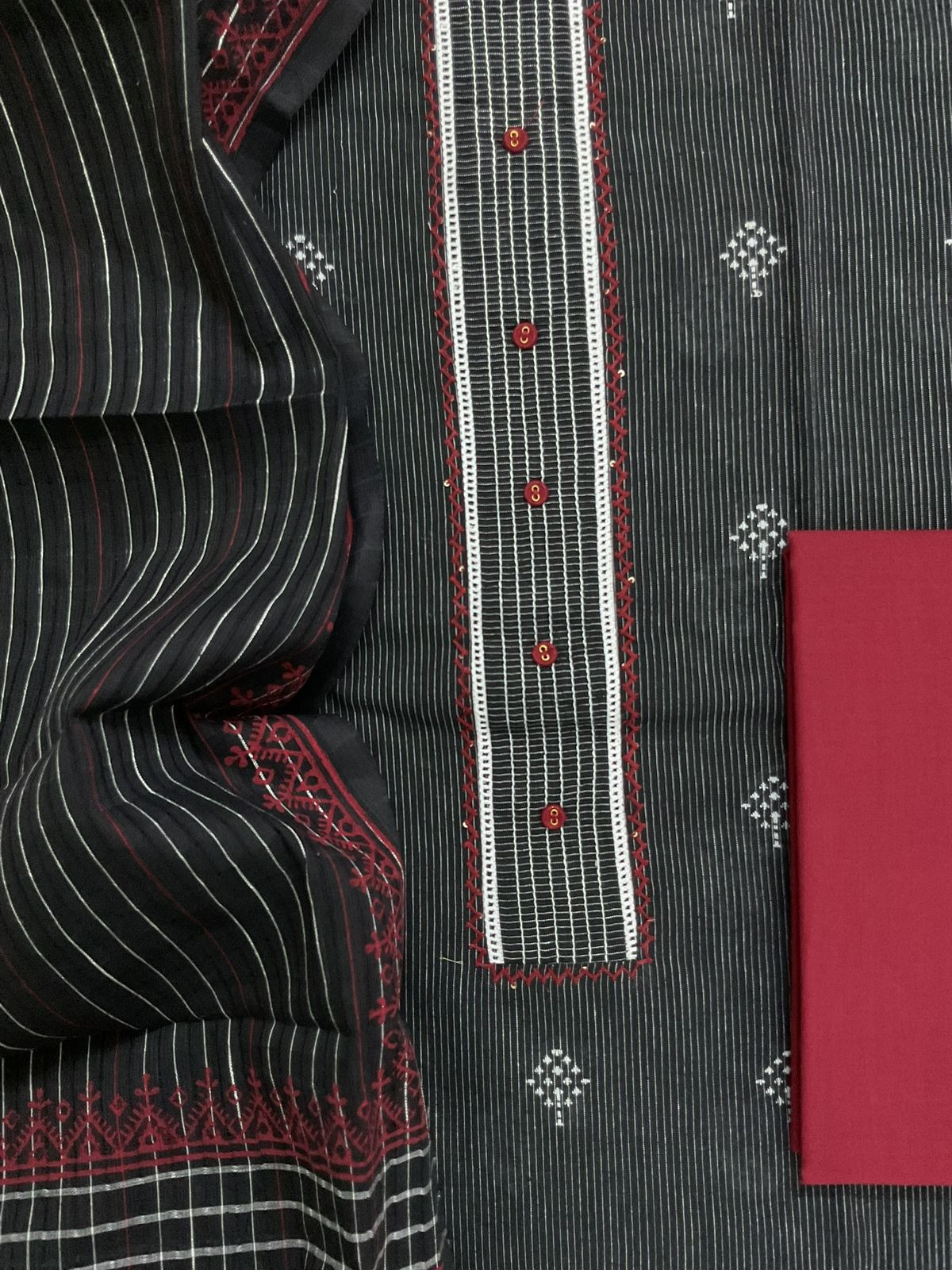 Pure Handloon Cotton Printed Self Weaved Embroidered Suit - Black