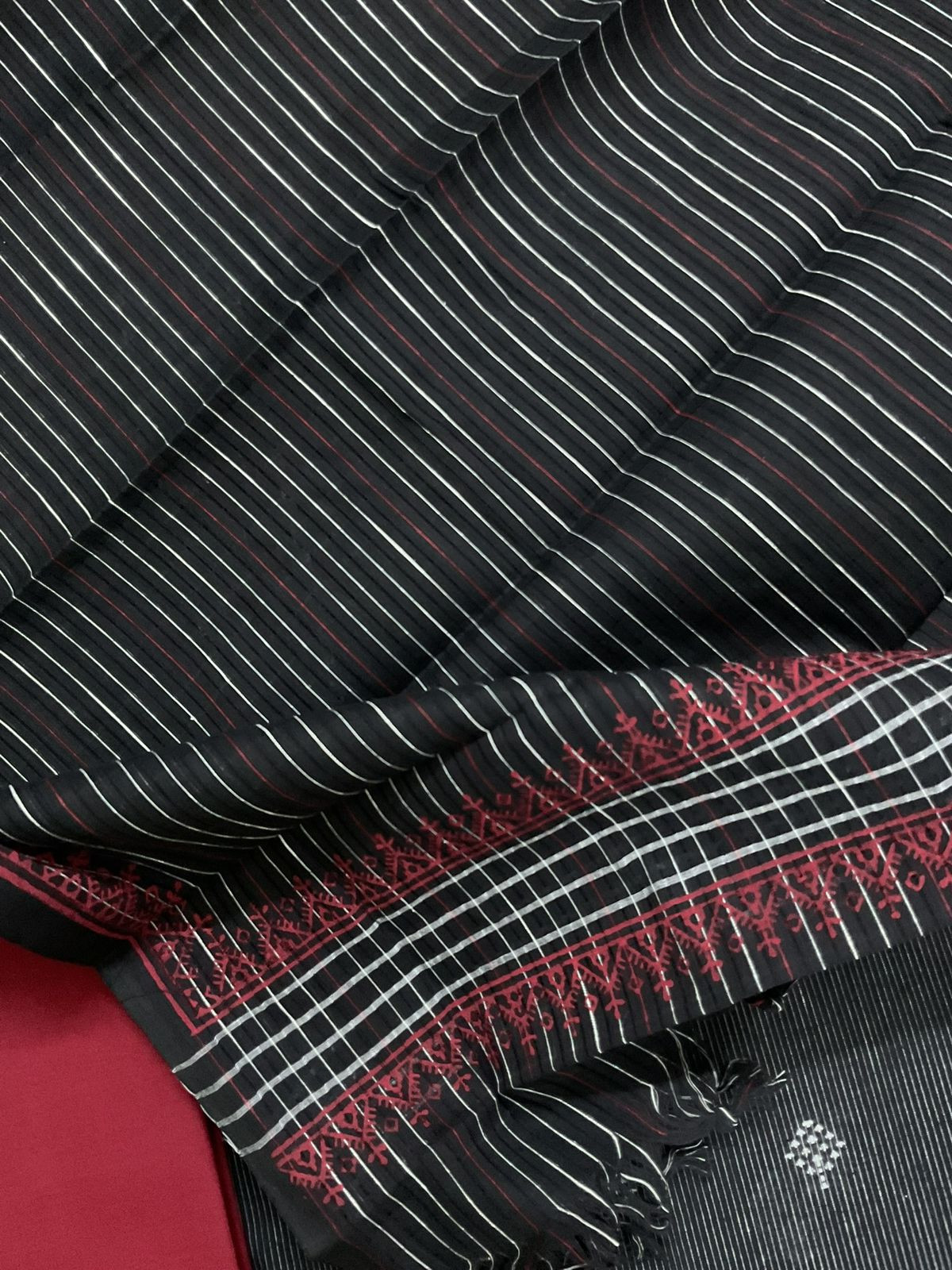 Pure Handloon Cotton Printed Self Weaved Embroidered Suit - Black