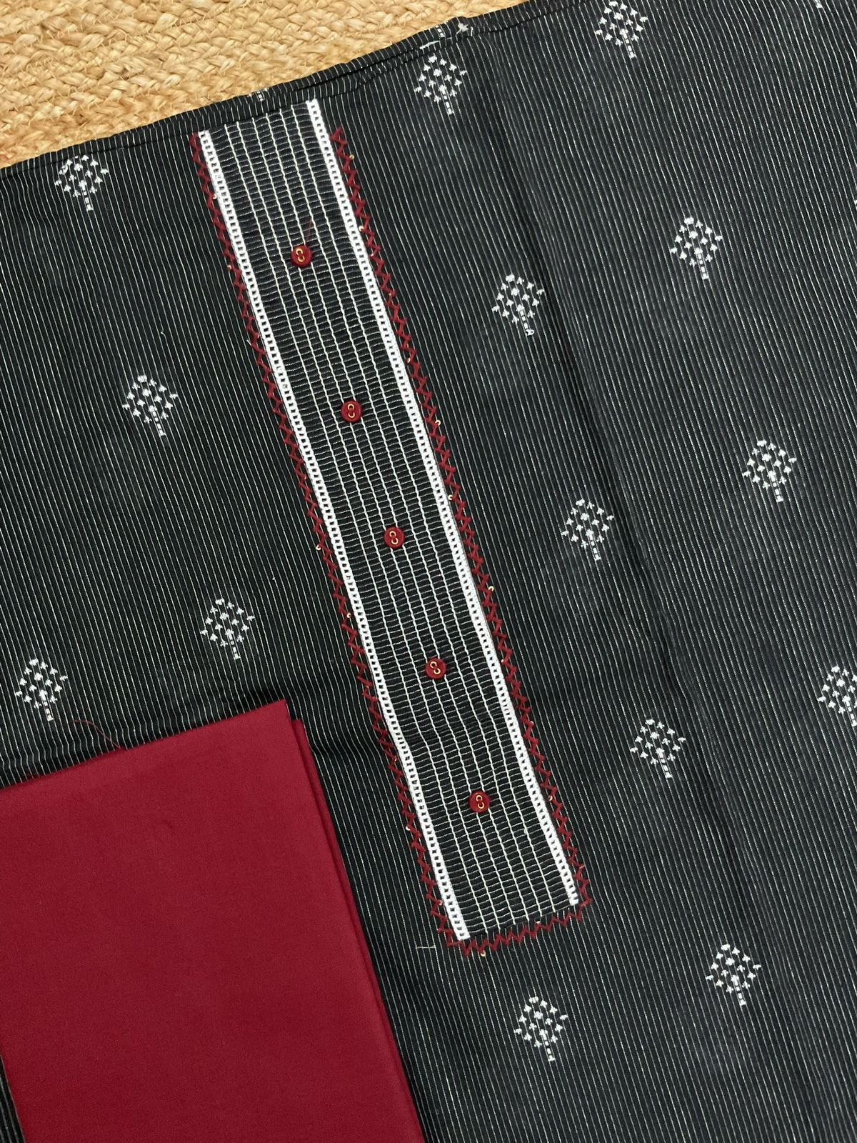 Pure Handloon Cotton Printed Self Weaved Embroidered Suit - Black