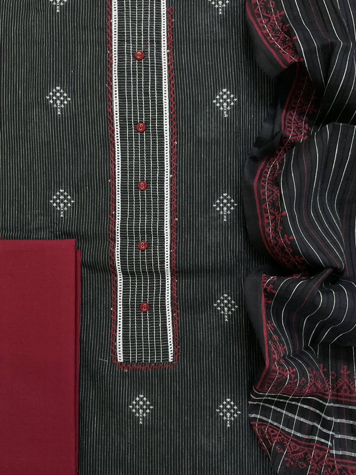 Pure Handloon Cotton Printed Self Weaved Embroidered Suit - Black