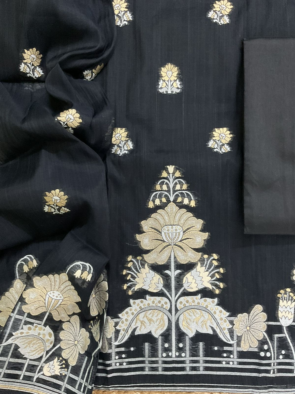 Soft Slub Chanderi Jamdani Weaved Suit - Black