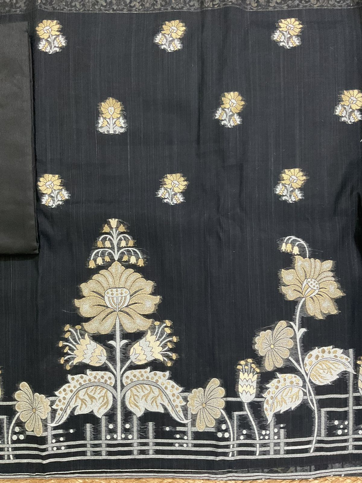Soft Slub Chanderi Jamdani Weaved Suit - Black