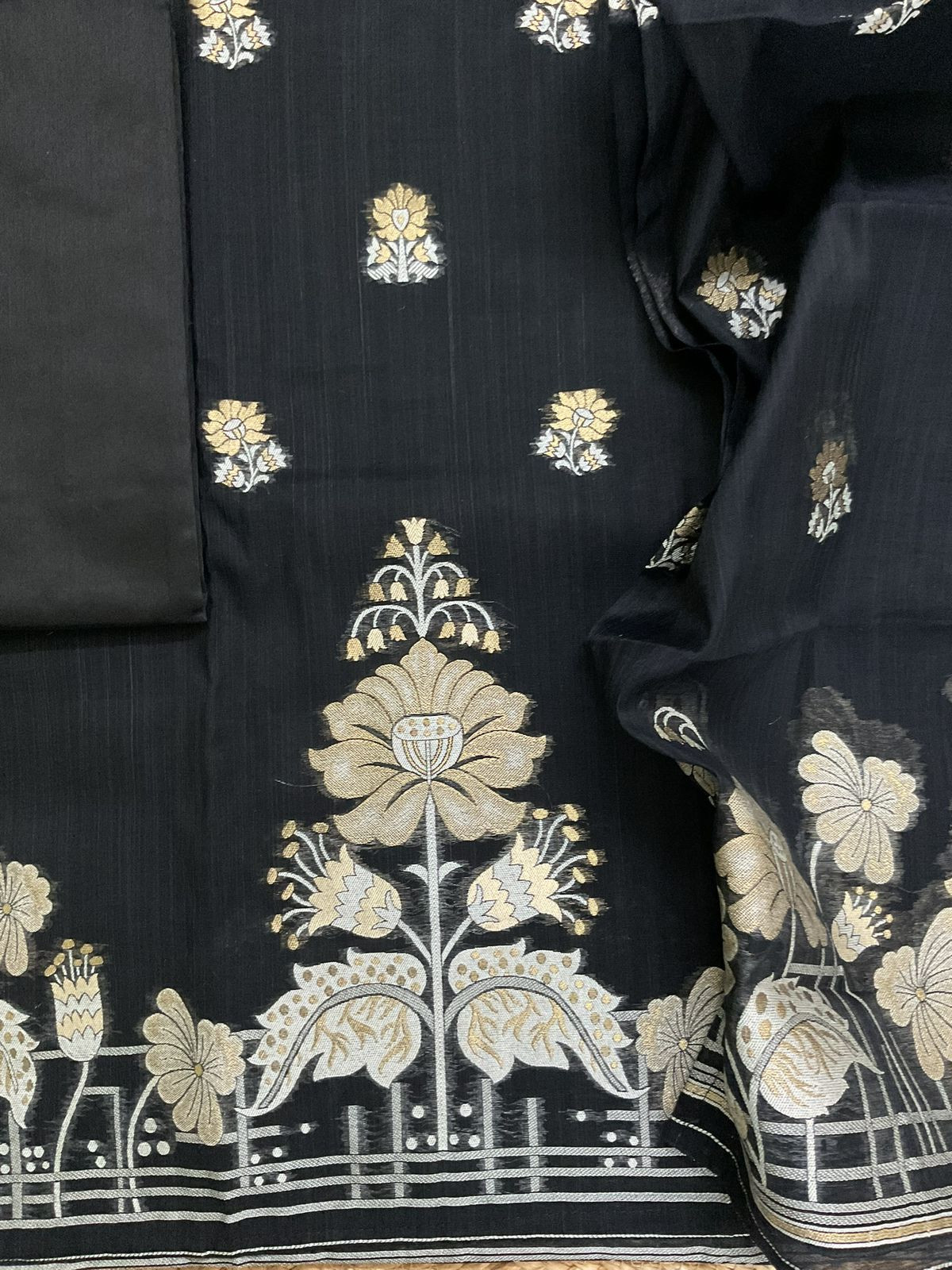 Soft Slub Chanderi Jamdani Weaved Suit - Black