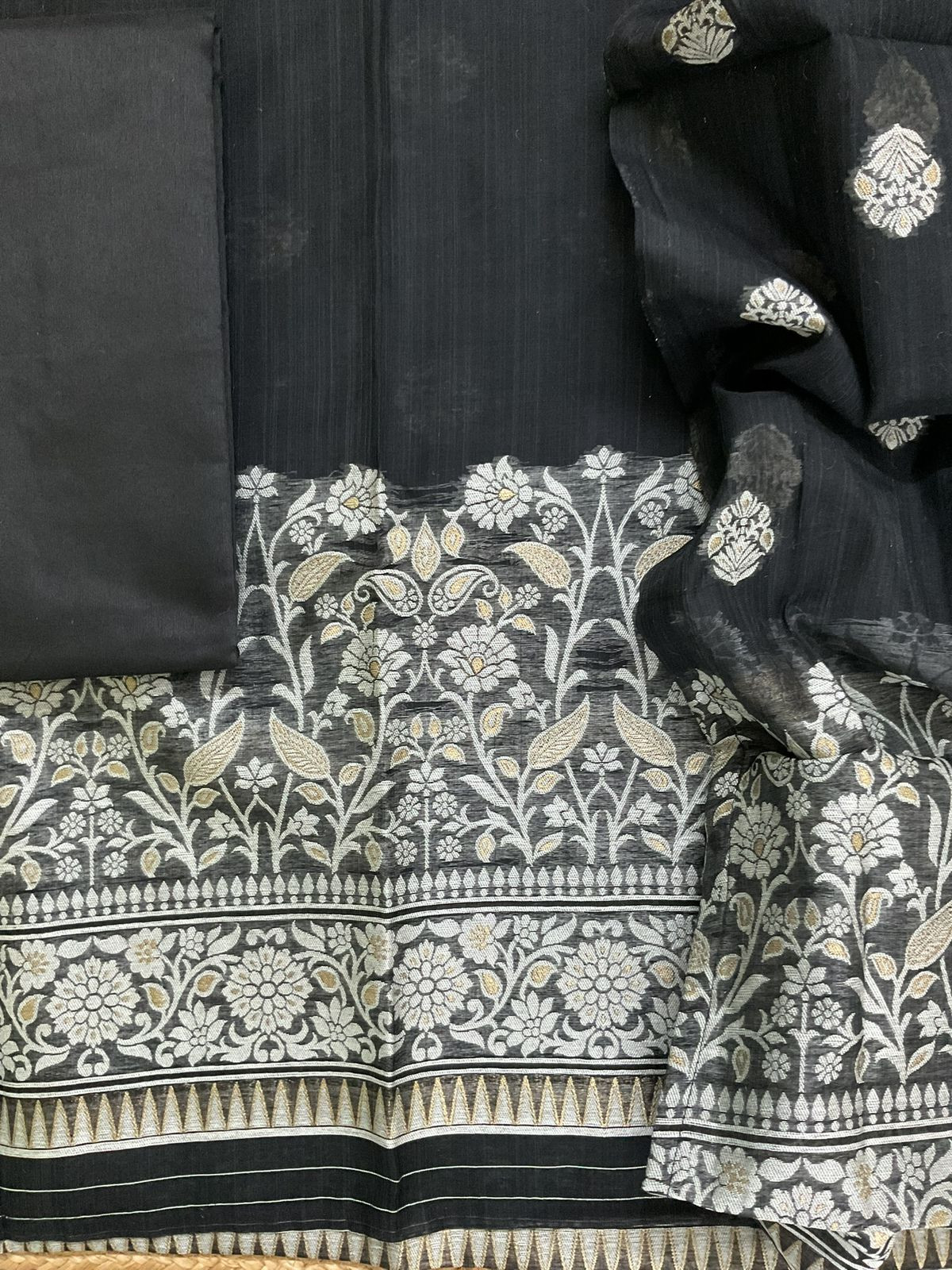 Soft Slub Chanderi Jamdani Weaved Suit - Black