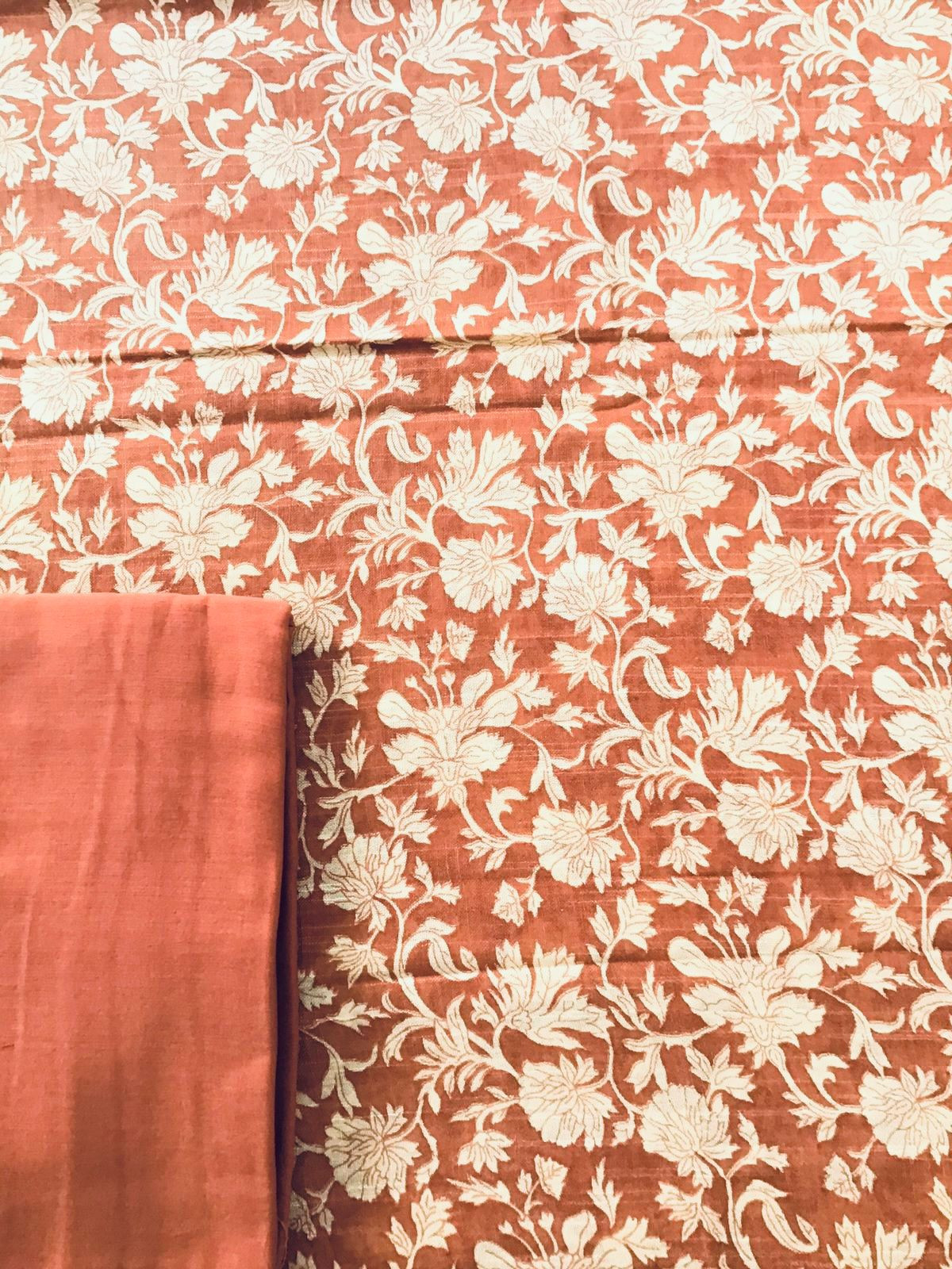 Pure Linen Jute Cotton Silk Printed Suit - Rustic Orange