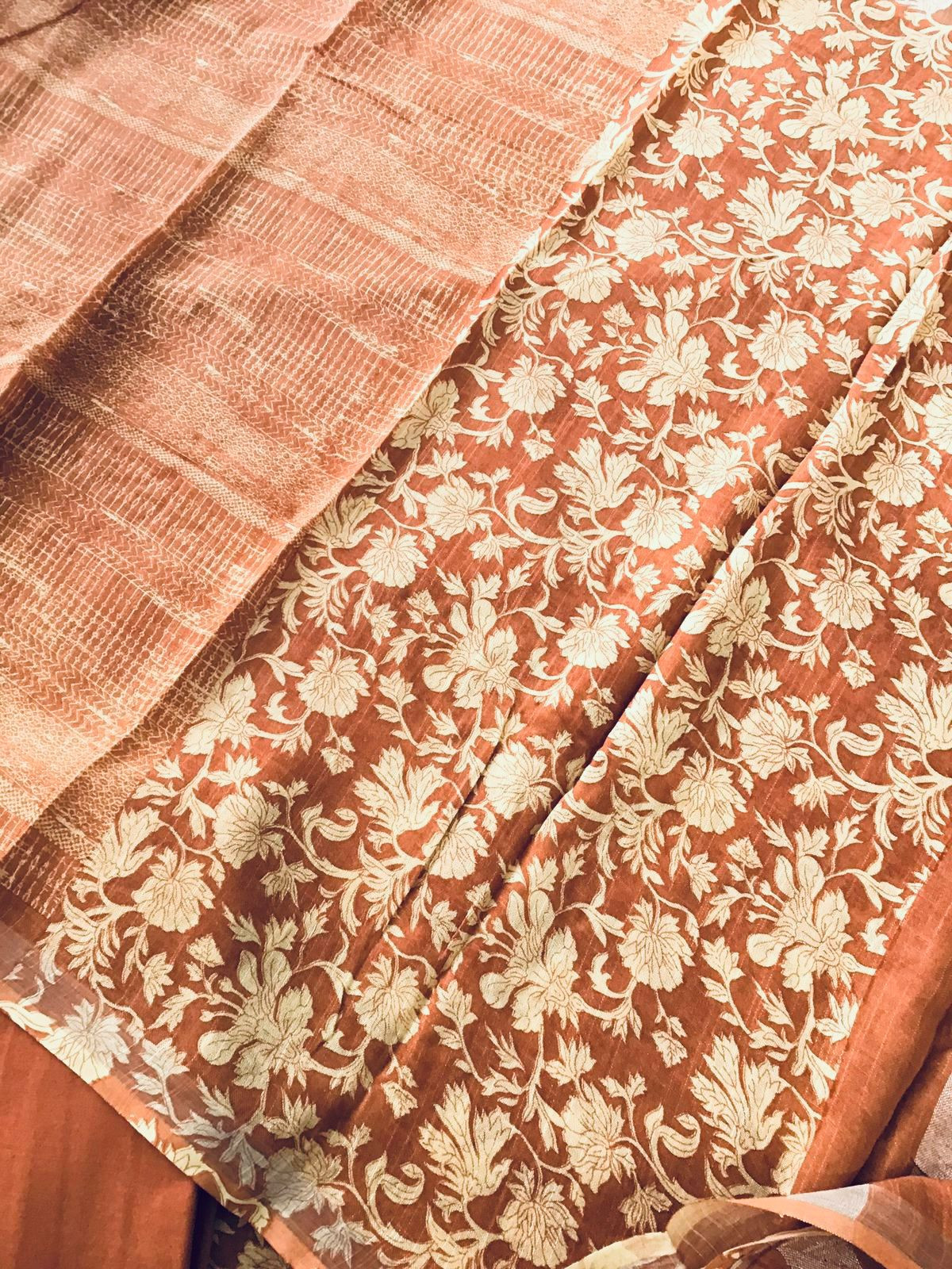 Pure Linen Jute Cotton Silk Printed Suit - Rustic Orange