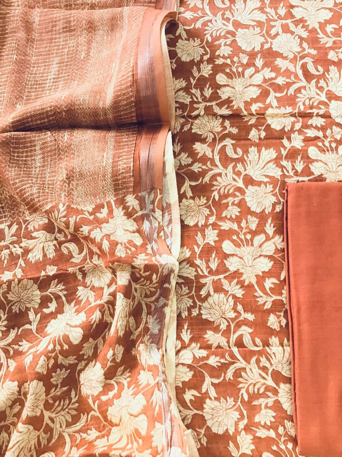 Pure Linen Jute Cotton Silk Printed Suit - Rustic Orange