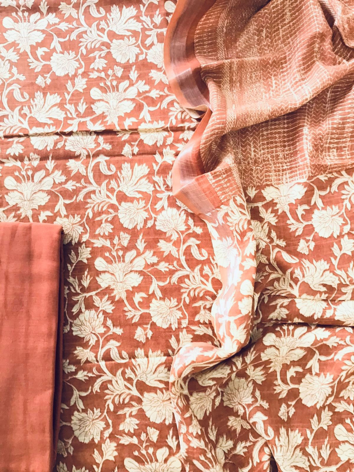 Pure Linen Jute Cotton Silk Printed Suit - Rustic Orange