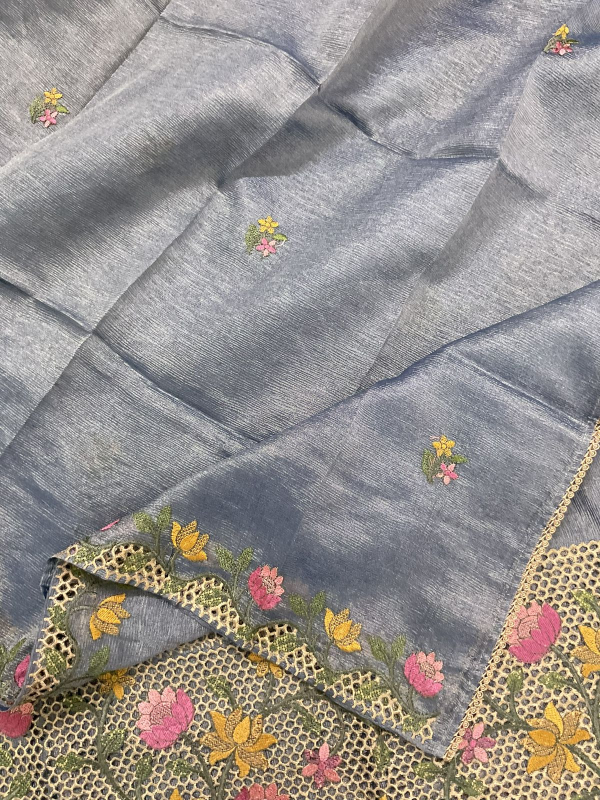 Soft Crushed Tissue Embroidered Suit - Blue