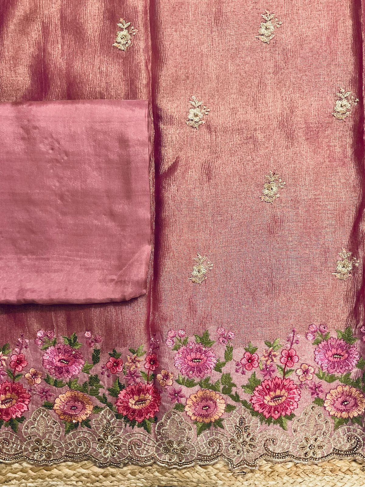 Soft Crushed Tissue Embroidered Suit - Pink