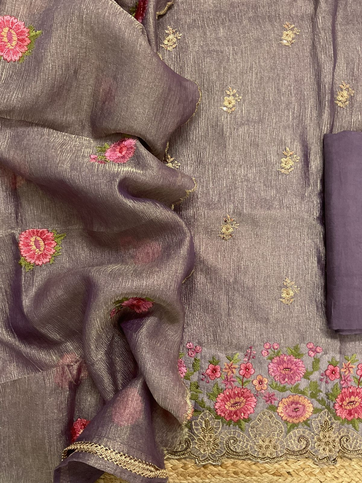 Soft Crushed Tissue Embroidered Suit - Purple