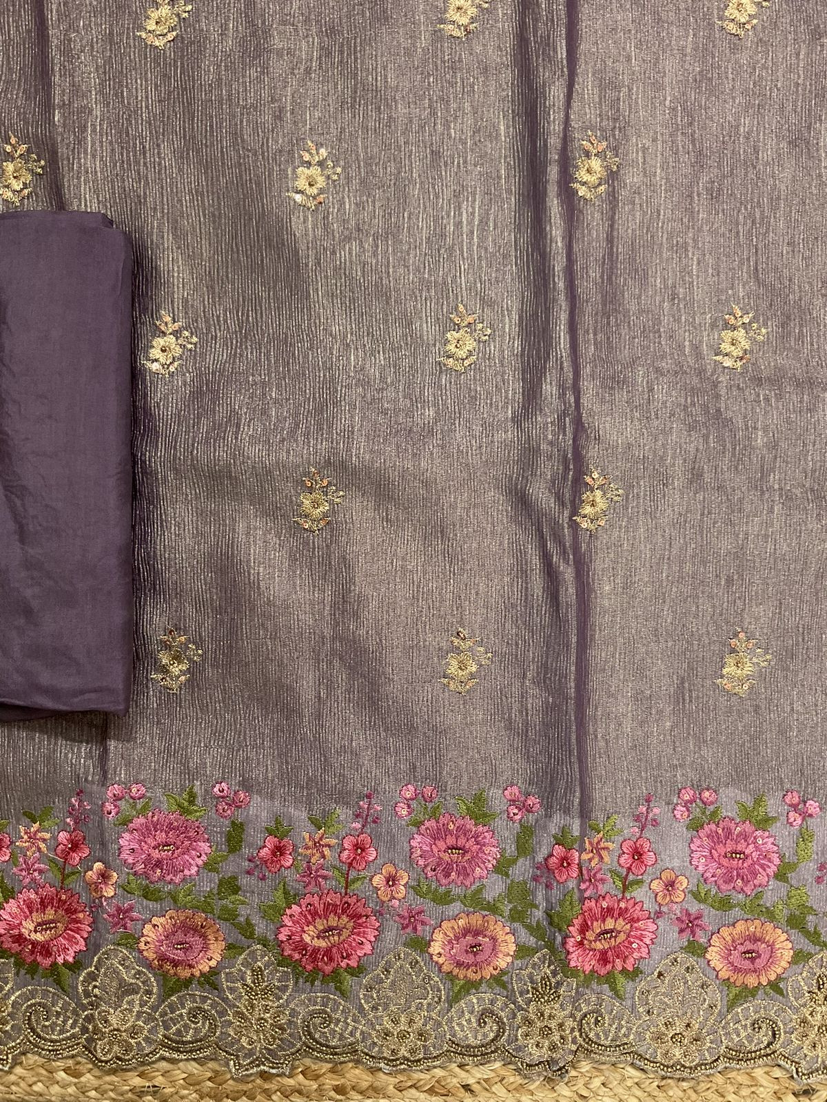 Soft Crushed Tissue Embroidered Suit - Purple