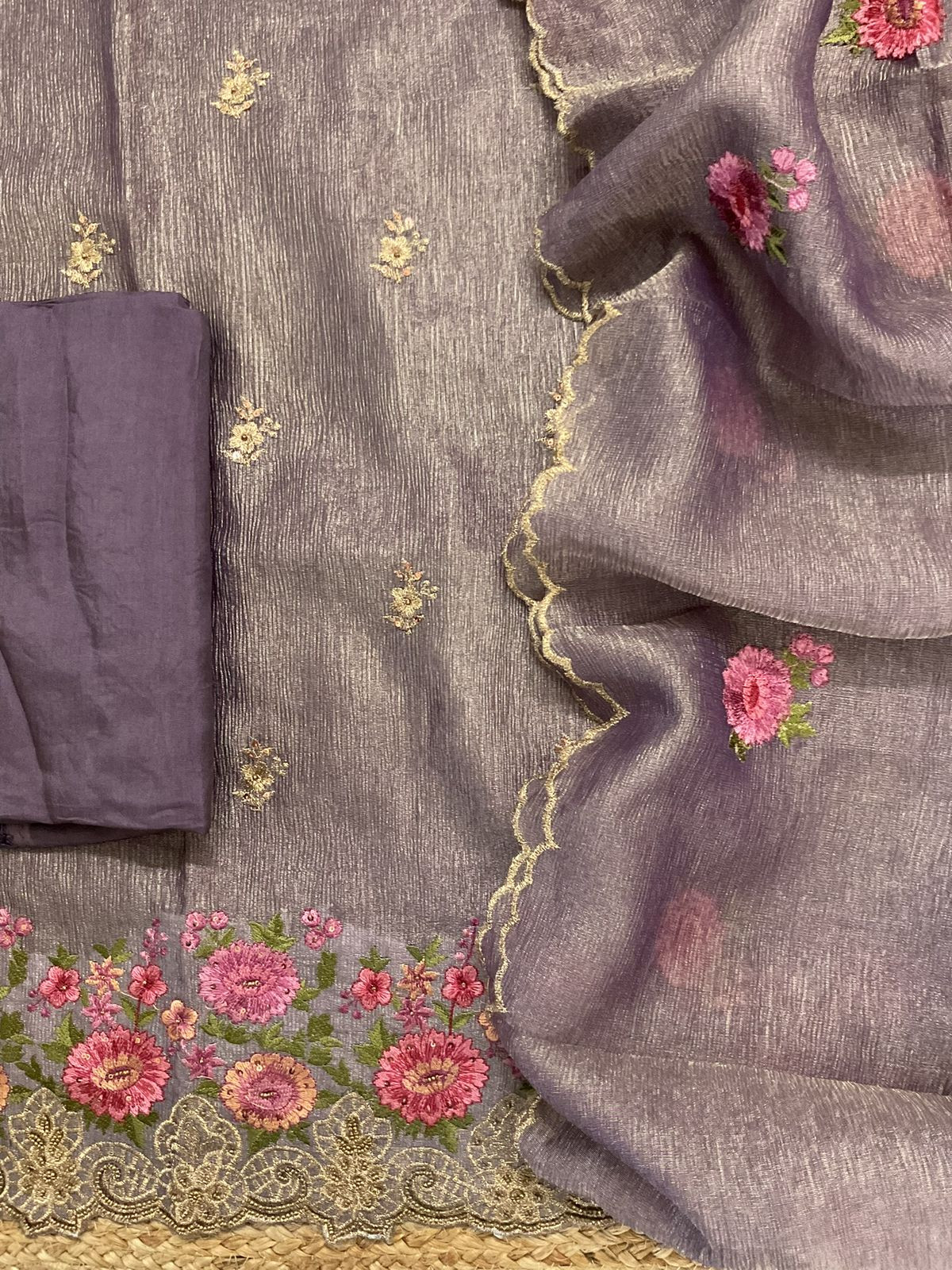 Soft Crushed Tissue Embroidered Suit - Purple