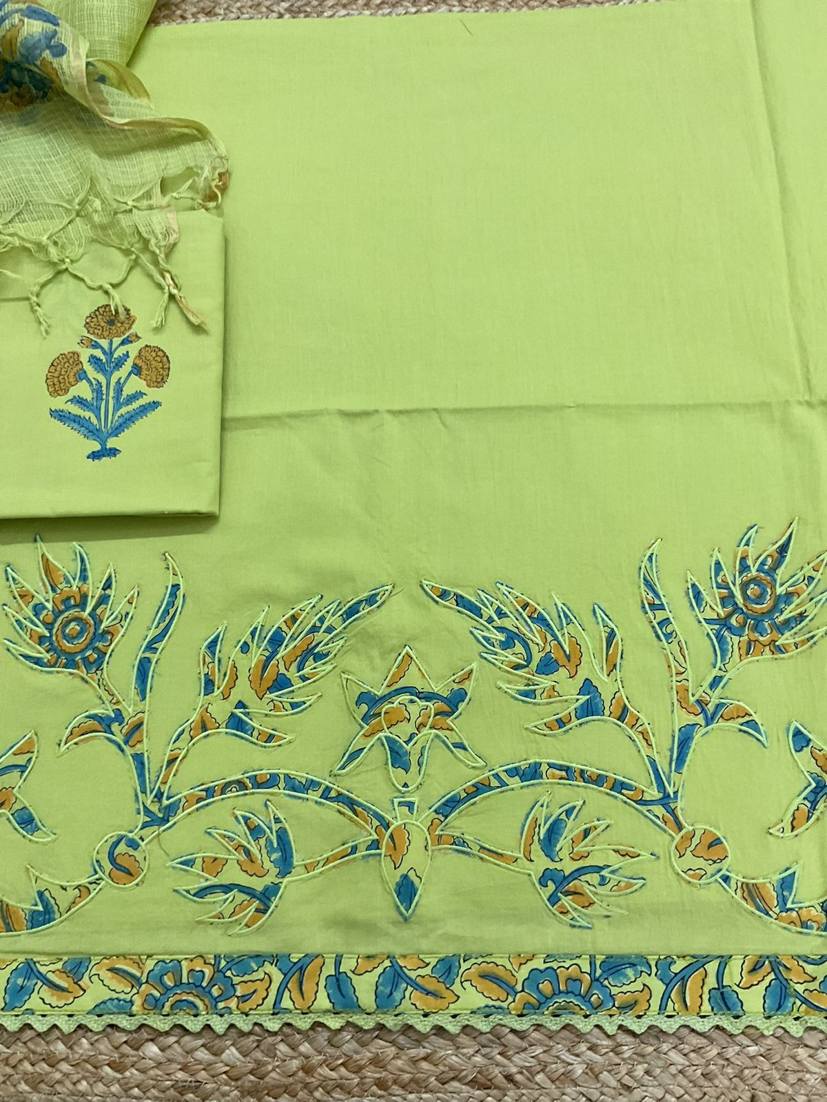 Pure Cotton Printed Embroidered Suit - Green