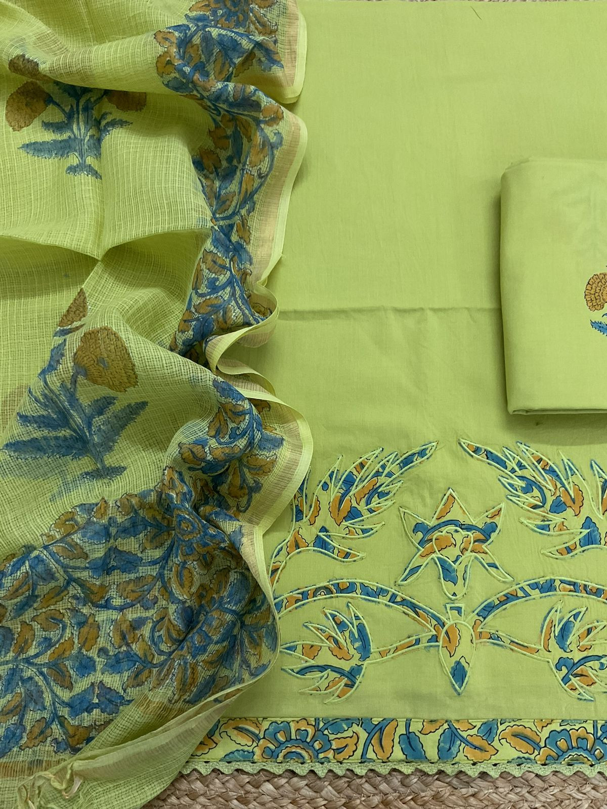 Pure Cotton Printed Embroidered Suit - Green